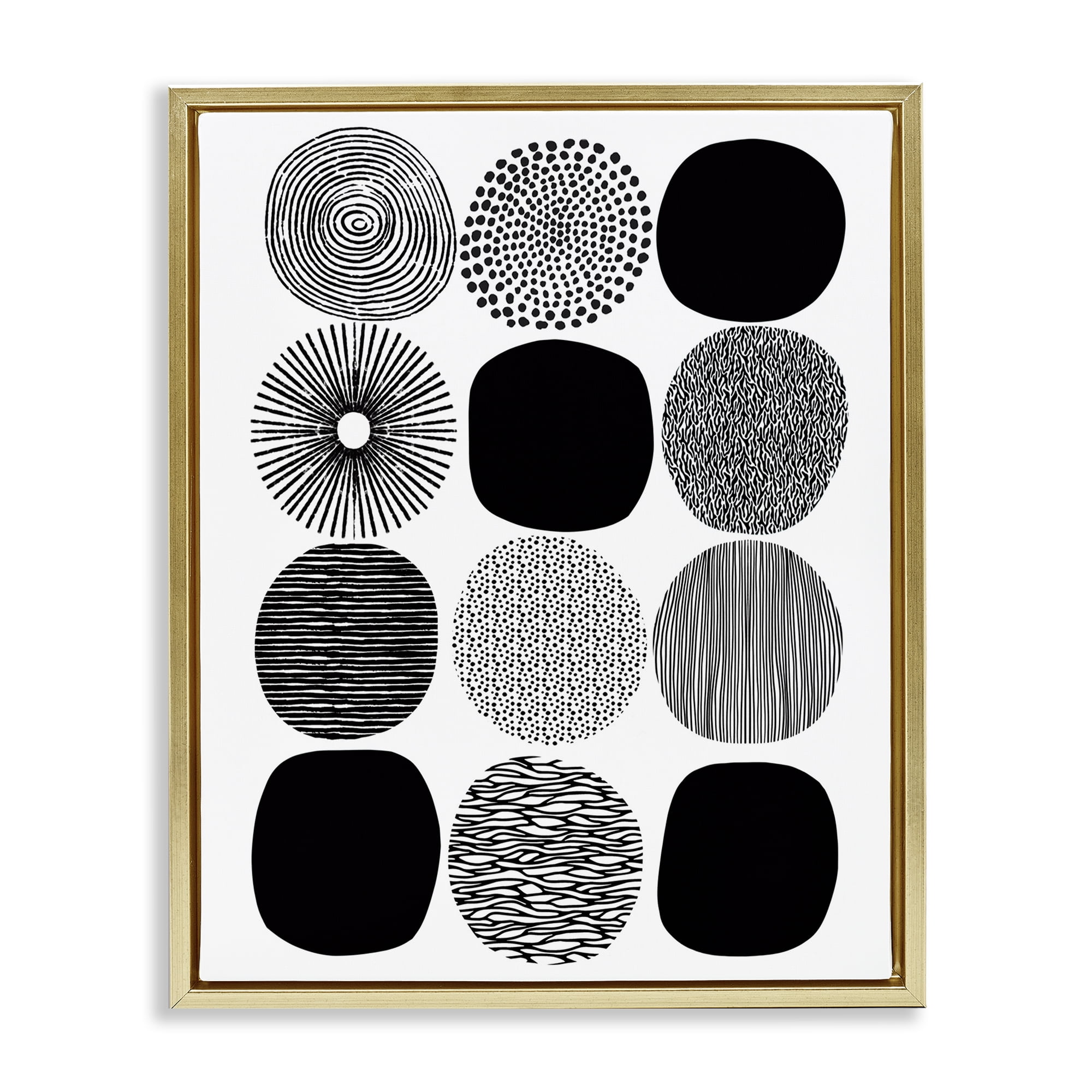Stupell Industries Black & White Pattern Circles Abstract Painting Gold Floater Framed Canvas Art Print Wall Art, 17 x 21