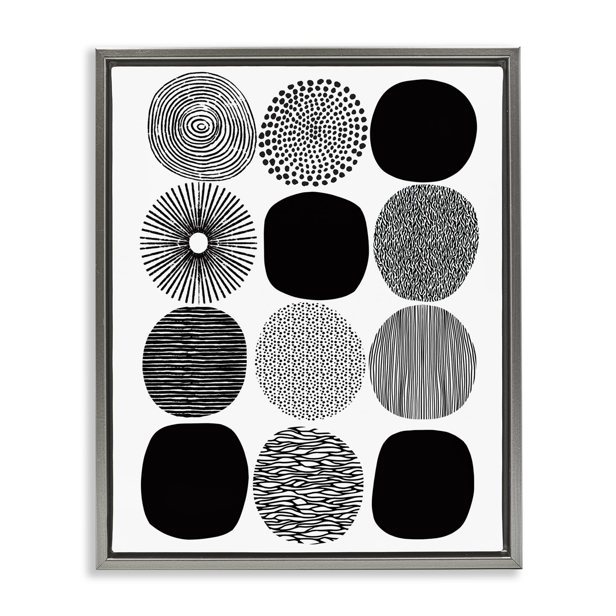Stupell Industries Black & White Pattern Circles Abstract Painting Gray Floater Framed Canvas Art Print Wall Art, 17 x 21