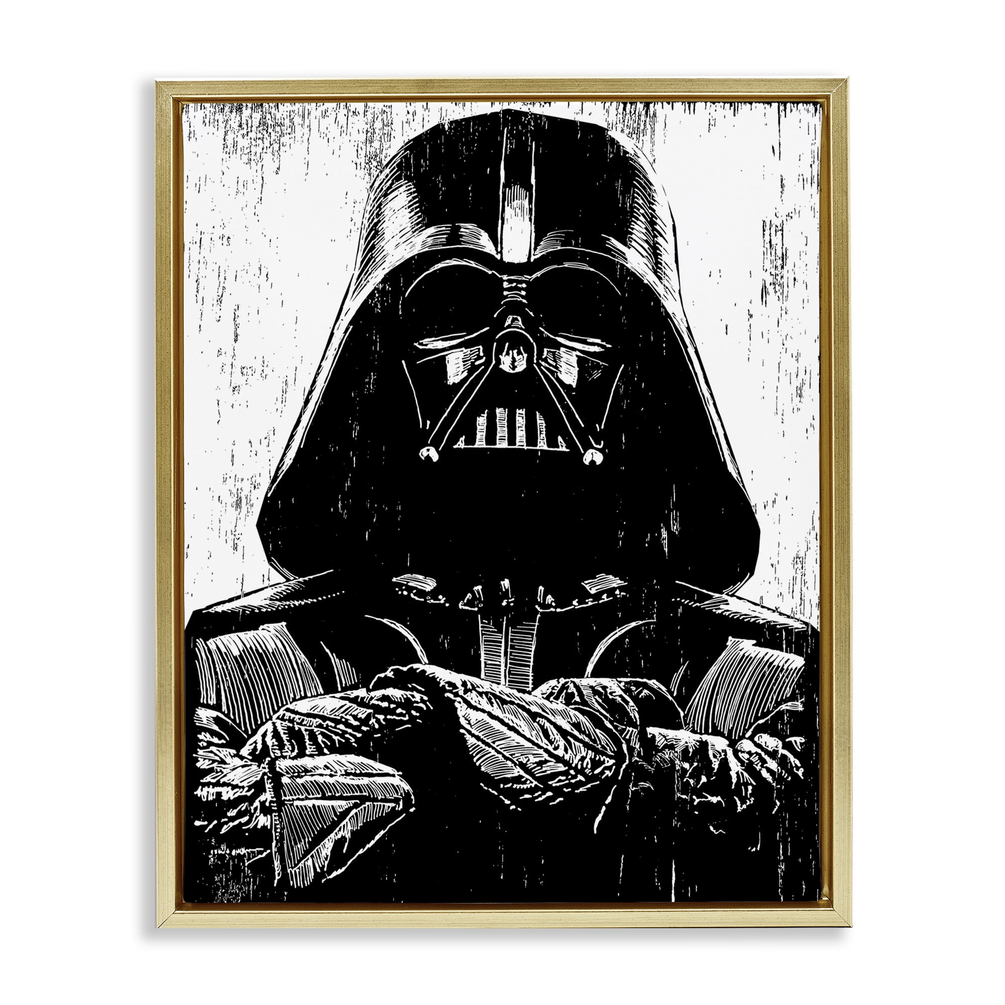 Stupell Industries Black and White Star Wars Darth Vader Distressed Wood Etching Metallic Gold Framed Floating Canvas Wall Art, 16x20, by Neil Shigley