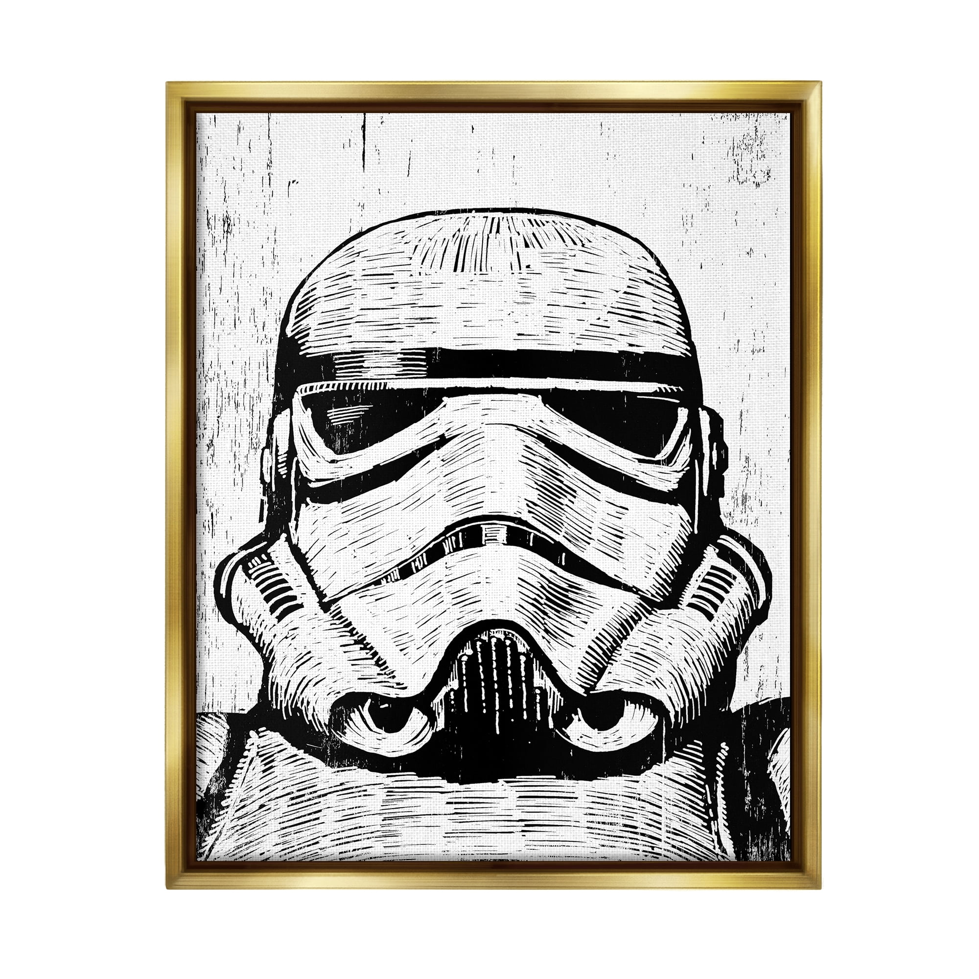 Stupell Industries Black and White Star Wars Stormtrooper Distressed Wood Etching Metallic Gold Framed Floating Canvas Wall Art, 16x20, by Neil Shigley