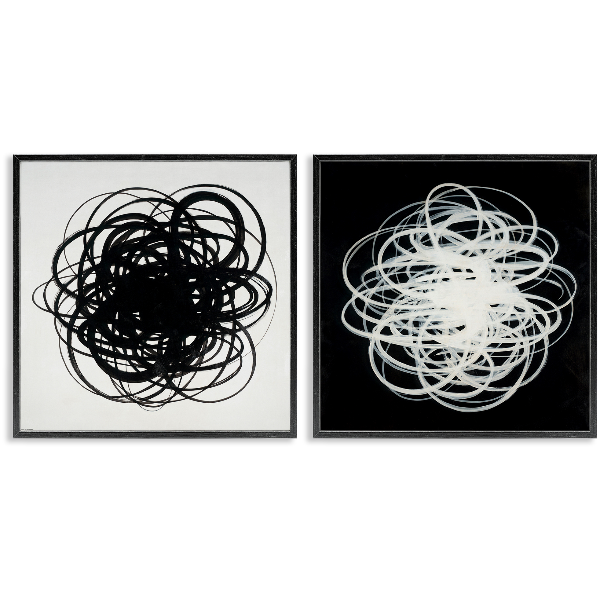 Stupell Industries Black & White Tangled Lines Abstract Painting Black Framed Art Print Wall Art, 17 x 17, Set of 2