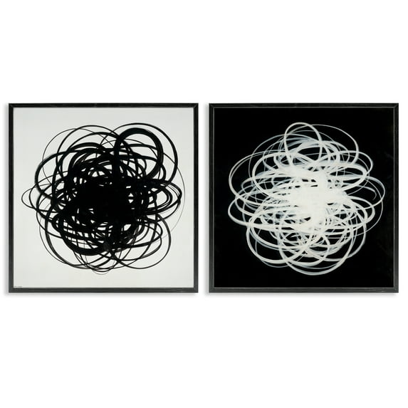 Stupell Industries Black & White Tangled Lines Abstract Painting Black Framed Art Print Wall Art, 17 x 17, Set of 2