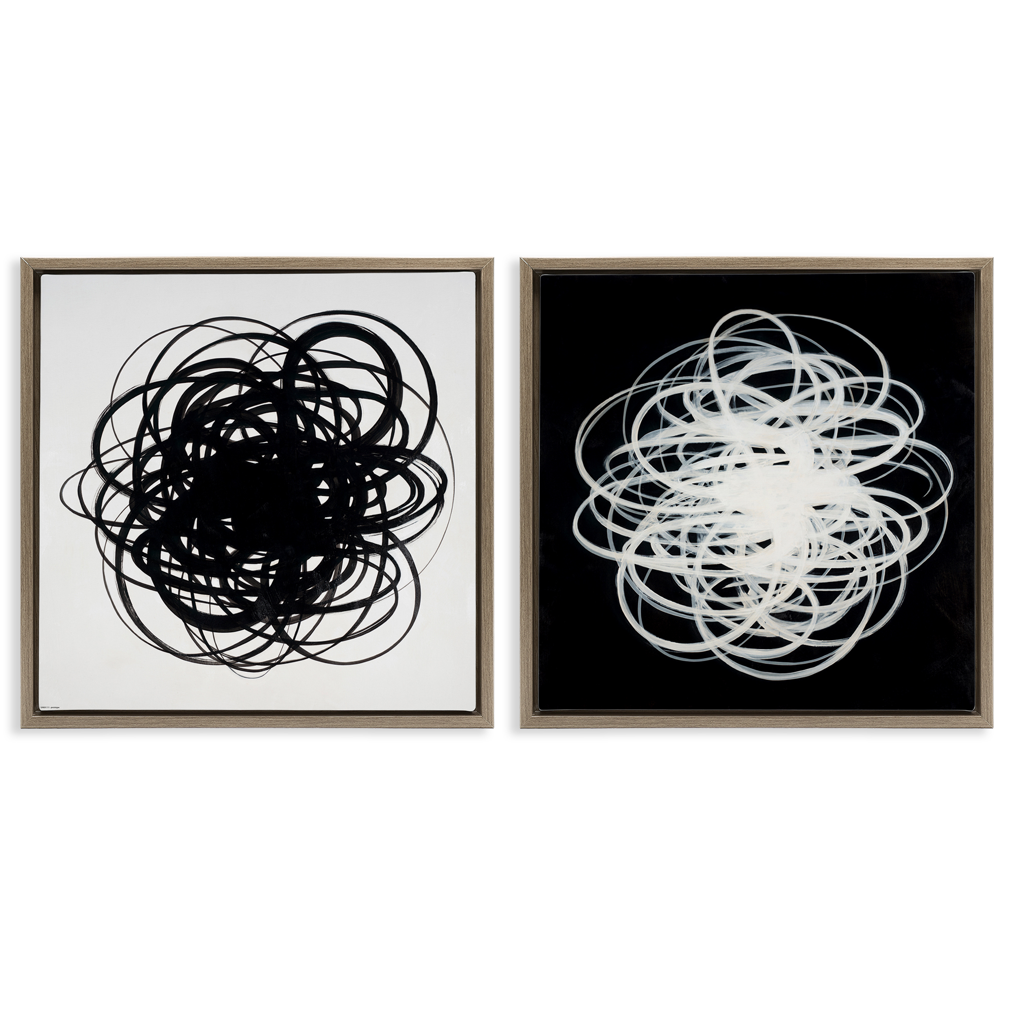 Stupell Industries Black & White Tangled Lines Abstract Painting Brown Floater Framed Canvas Art Print Wall Art, 25 x 25, Set of 2