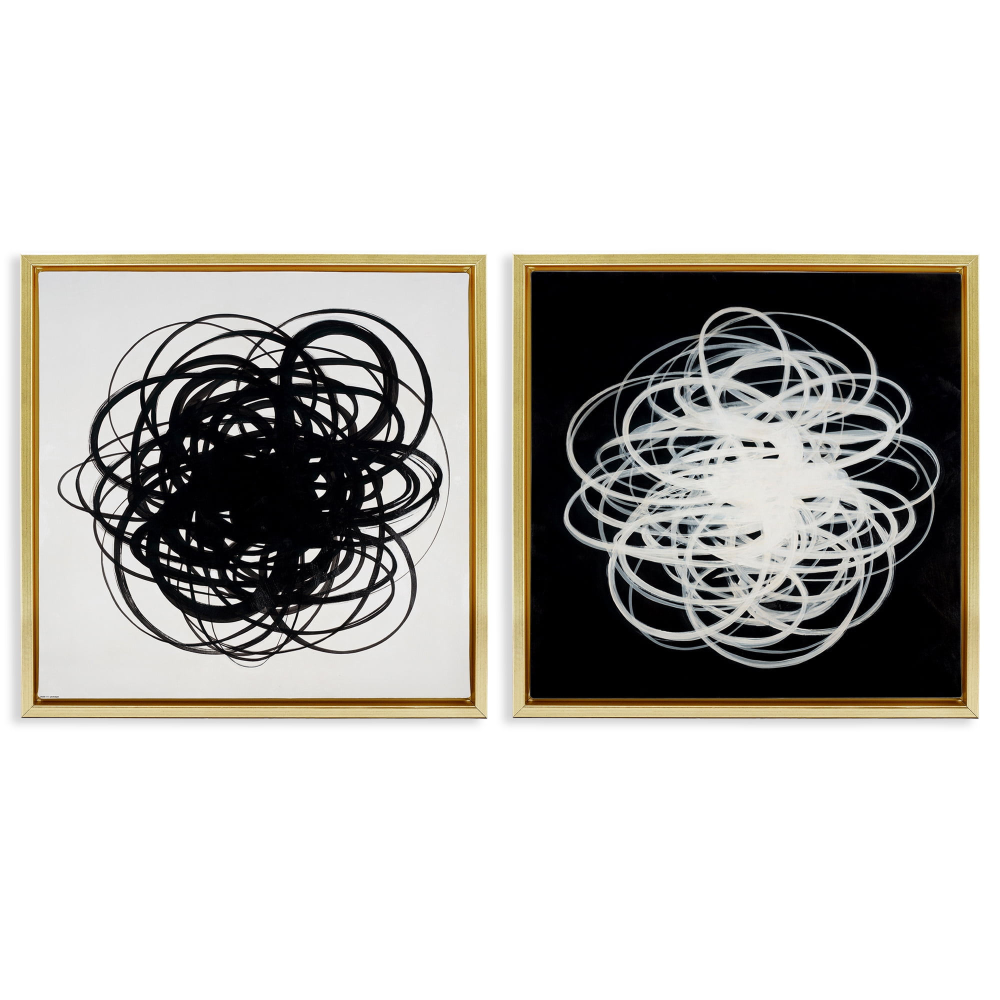 Stupell Industries Black & White Tangled Lines Abstract Painting Gold Floater Framed Canvas Art Print Wall Art, 18 x 18, Set of 2
