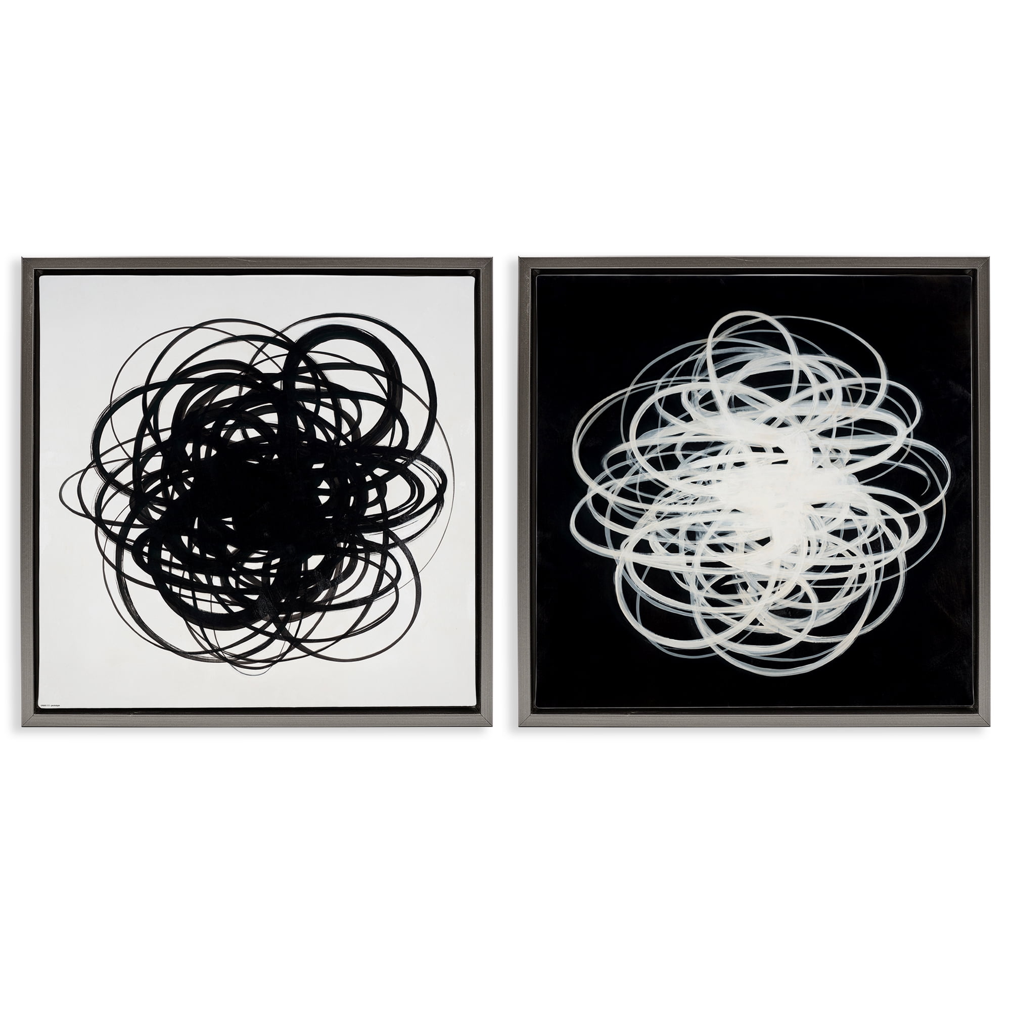 Stupell Industries Black & White Tangled Lines Abstract Painting Gray Floater Framed Canvas Art Print Wall Art, 25 x 25, Set of 2
