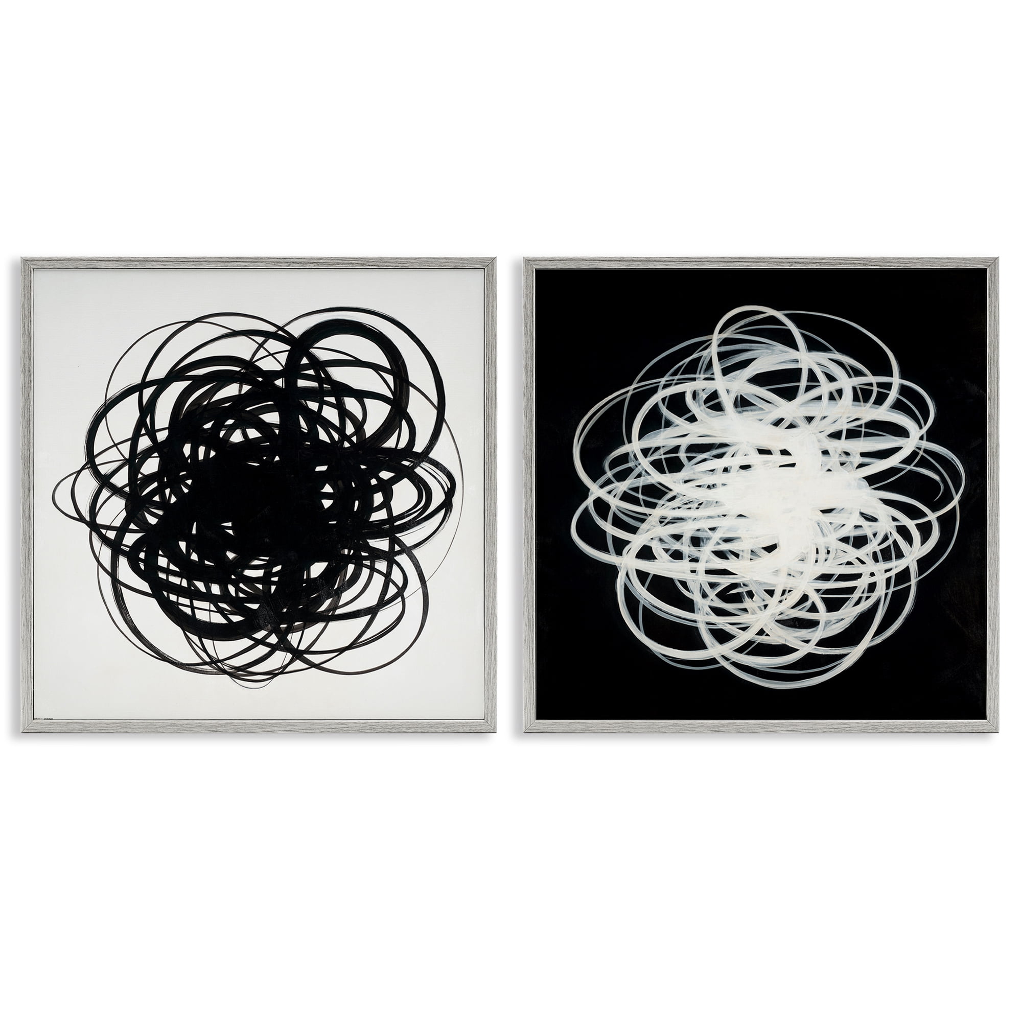Stupell Industries Black & White Tangled Lines Abstract Painting Gray Framed Art Print Wall Art, 24 x 24, Set of 2