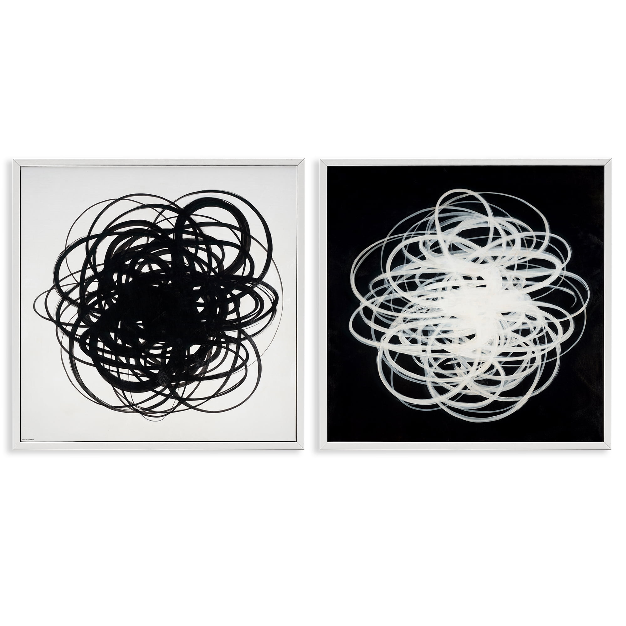 Stupell Industries Black & White Tangled Lines Abstract Painting White Framed Art Print Wall Art, 12 x 12, Set of 2