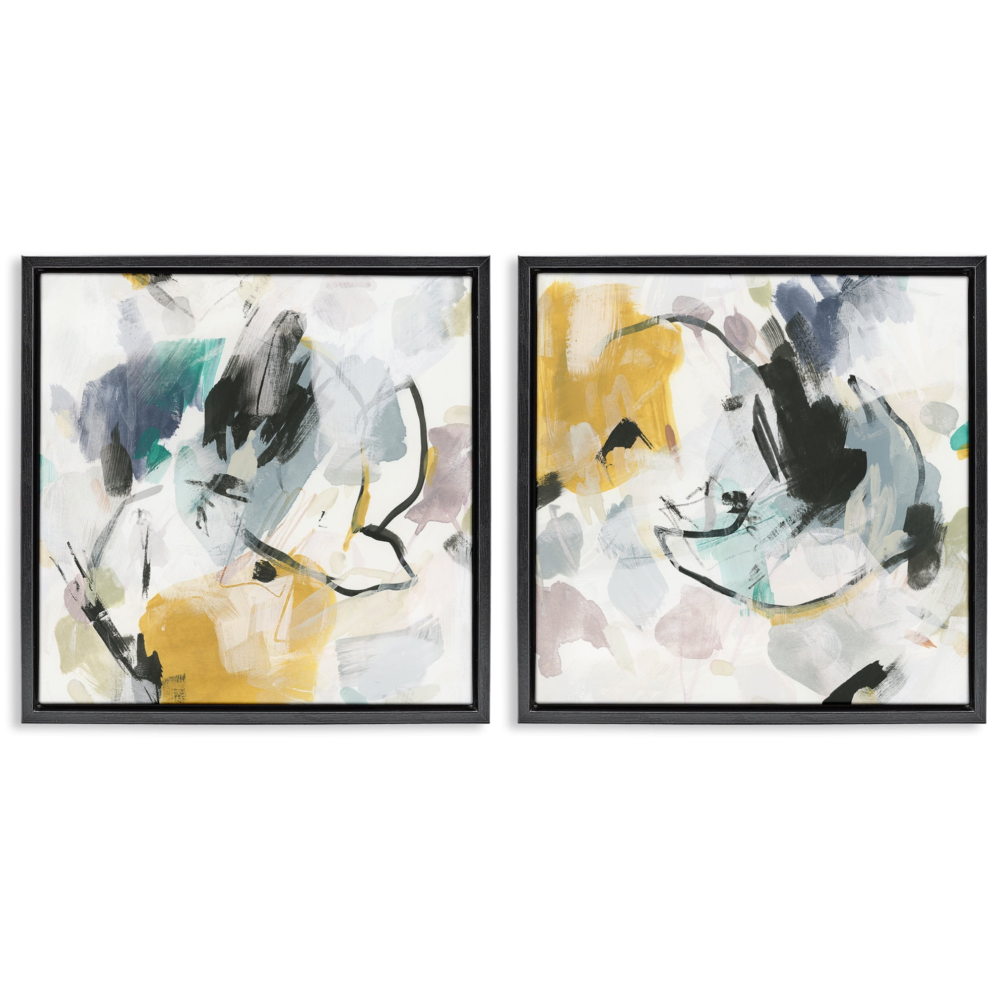 Stupell Industries Black & Yellow Abstract Splash Abstract Painting Black Floater Framed Canvas Art Print Wall Art, 25 x 25, Set of 2