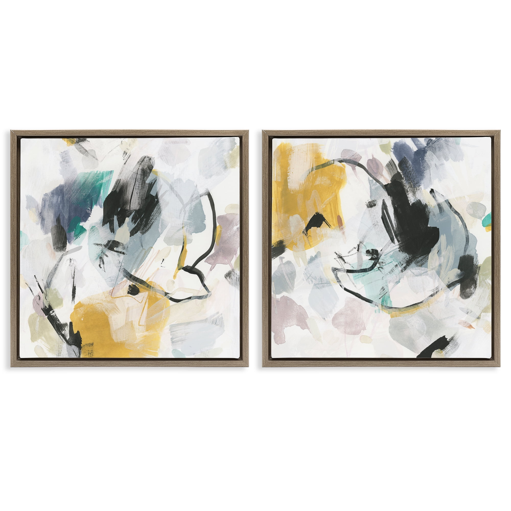 Stupell Industries Black & Yellow Abstract Splash Abstract Painting Brown Floater Framed Canvas Art Print Wall Art, 25 x 25, Set of 2