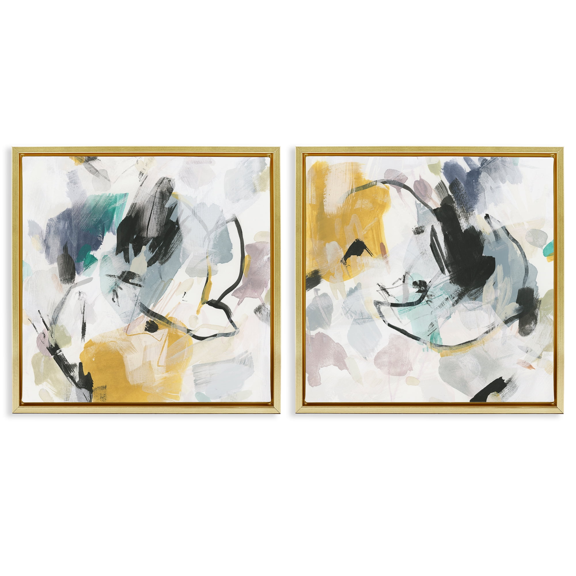 Stupell Industries Black & Yellow Abstract Splash Abstract Painting Gold Floater Framed Canvas Art Print Wall Art, 25 x 25, Set of 2