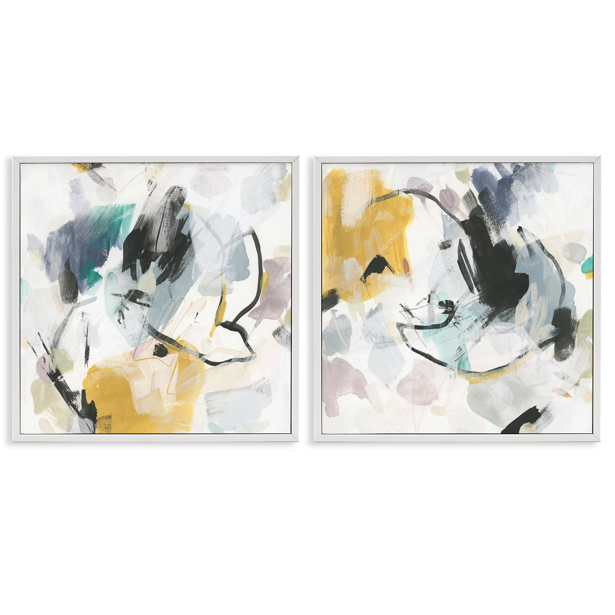 Stupell Industries Black & Yellow Abstract Splash Abstract Painting White Framed Art Print Wall Art, 24 x 24, Set of 2