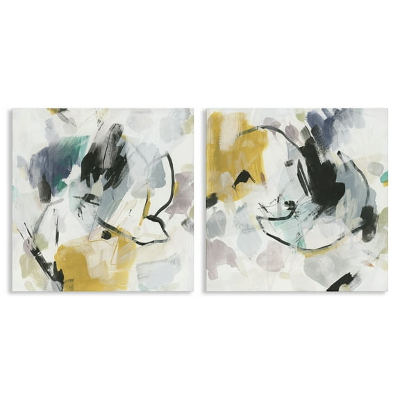Stupell Industries Black & Yellow Abstract Splash Abstract Painting Wrapped Canvas Art Print Wall Art, 17 x 17, Set of 2