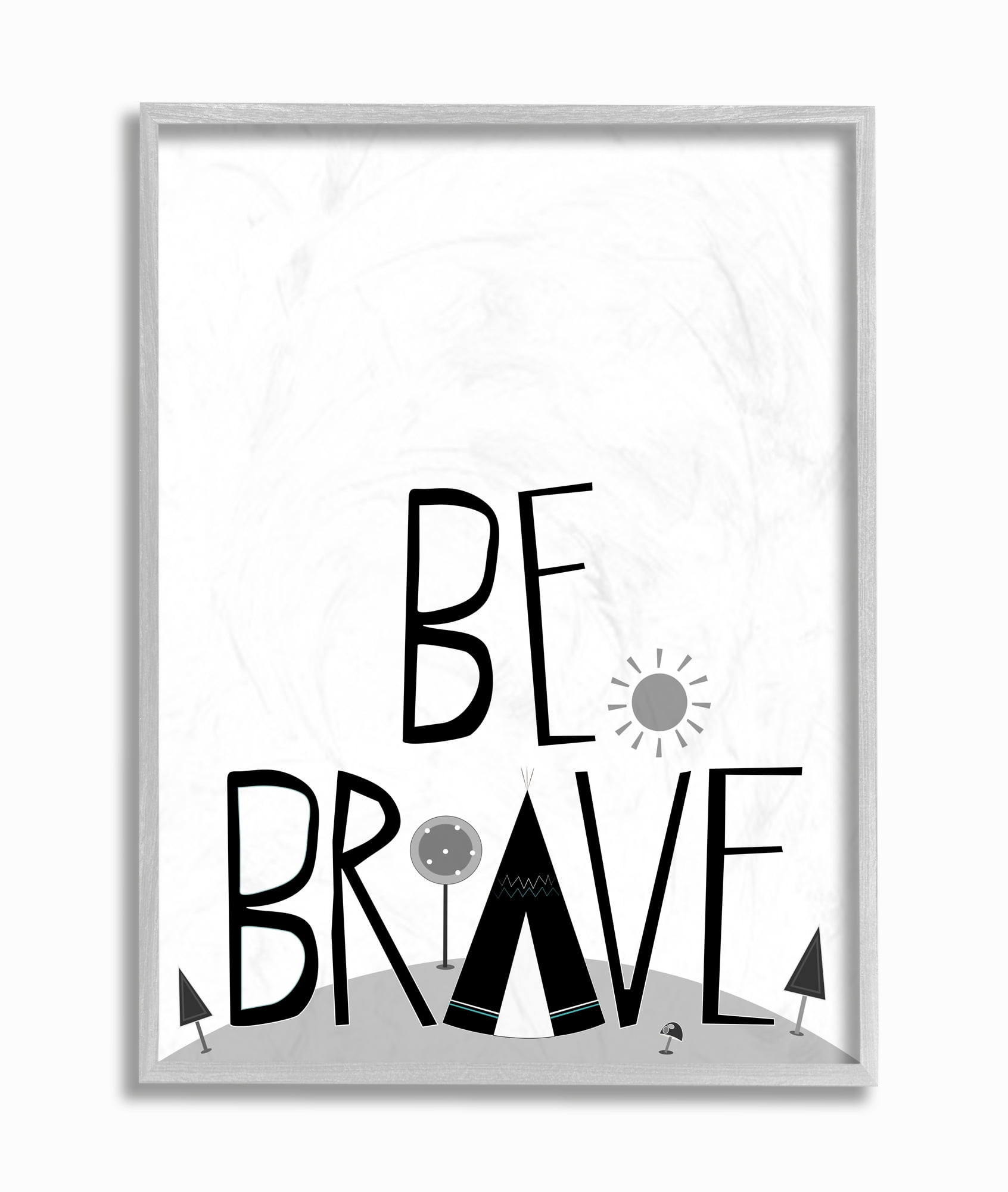 Stupell Industries Black and White Be Brave Tee Pee Typography Graphic Art Gray Framed Art Print Wall Art, 11x14, by Karen Zukowski (Finny And Zook)