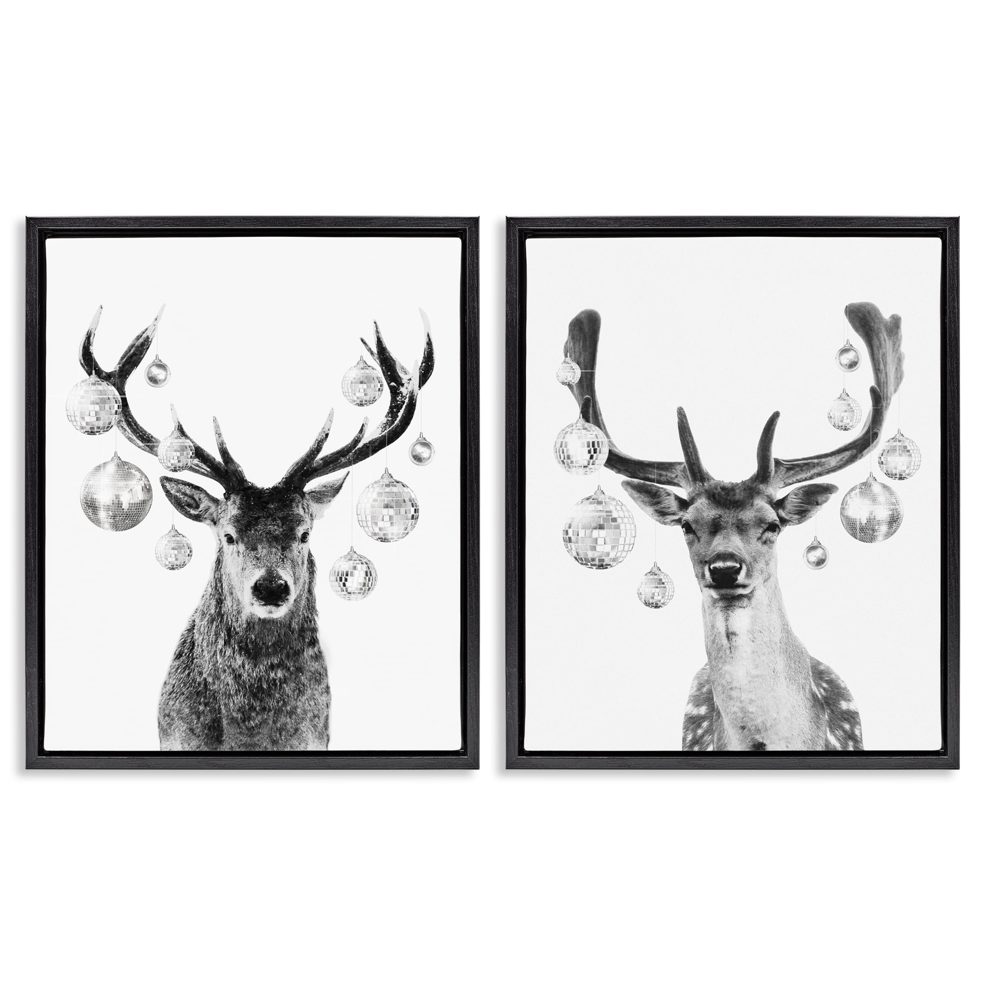 Stupell Industries Black and White Disco Deer Holiday Painting Black Floater Framed Canvas Art Print Wall Art, 17 x 21, Set of 2