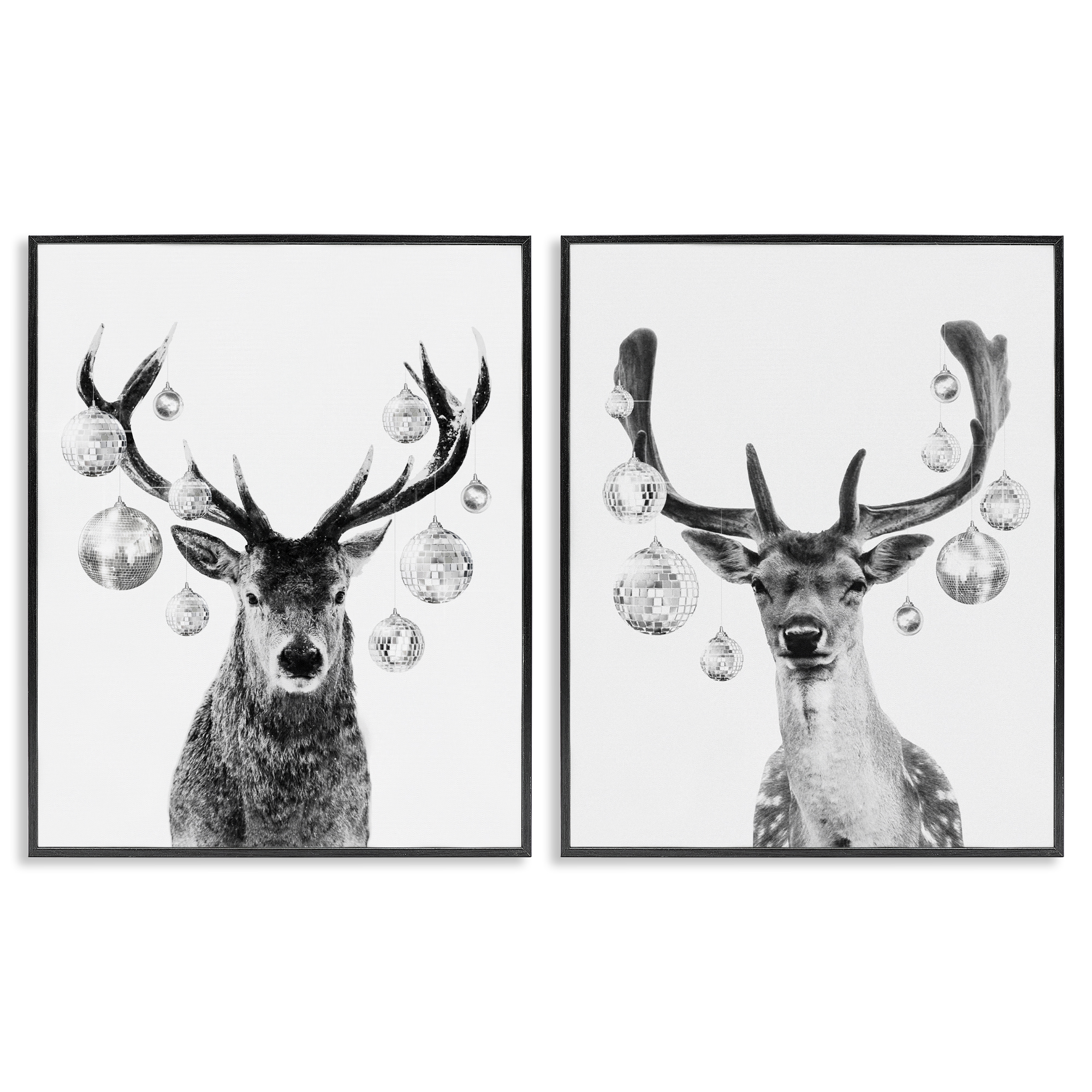 Stupell Industries Black and White Disco Deer Holiday Painting Black Framed Art Print Wall Art, 11 x 14, Set of 2