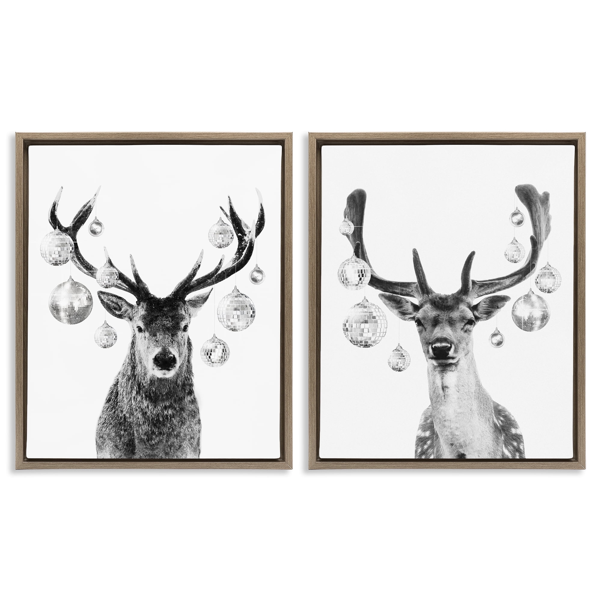 Stupell Industries Black and White Disco Deer Holiday Painting Brown Floater Framed Canvas Art Print Wall Art, 17 x 21, Set of 2
