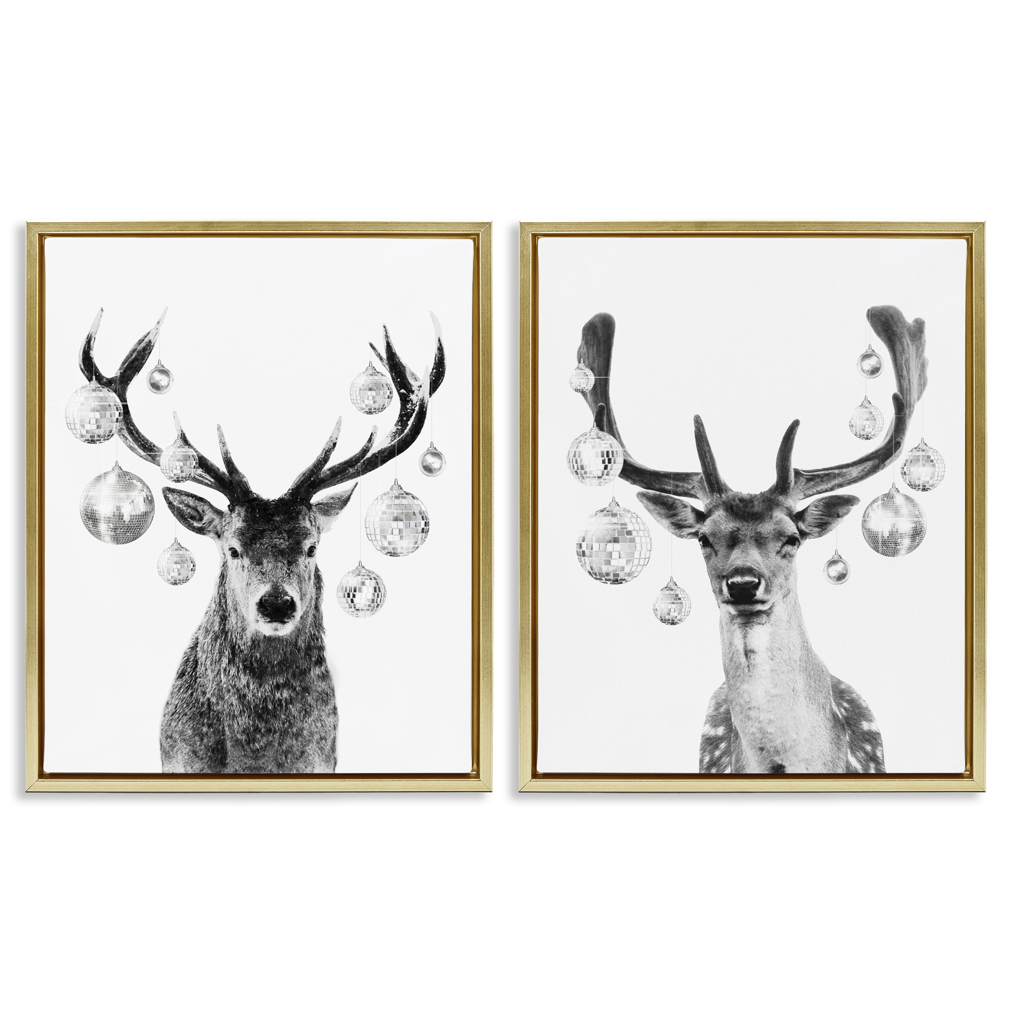 Stupell Industries Black and White Disco Deer Holiday Painting Gold Floater Framed Canvas Art Print Wall Art, 31 x 25, Set of 2
