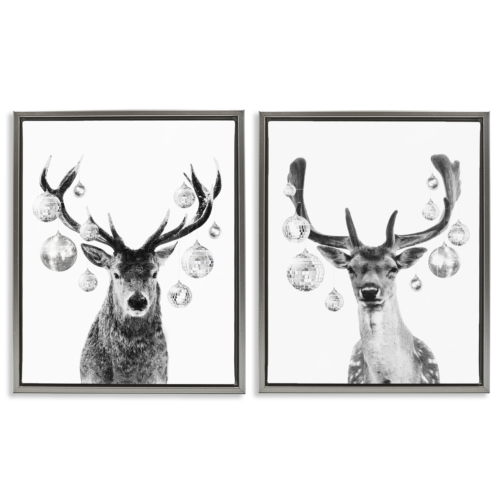 Stupell Industries Black and White Disco Deer Holiday Painting Gray Floater Framed Canvas Art Print Wall Art, 31 x 25, Set of 2