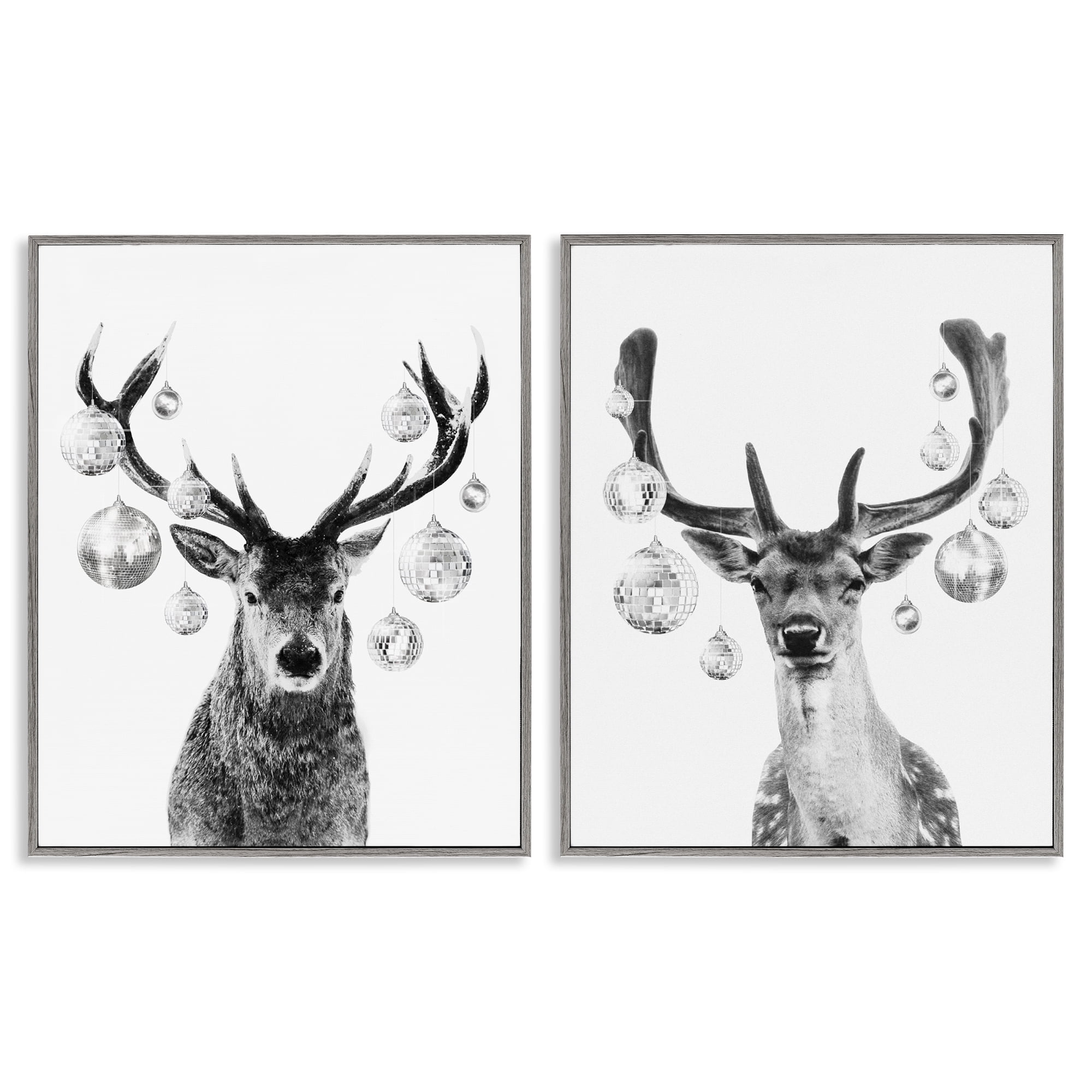 Stupell Industries Black and White Disco Deer Holiday Painting Gray Framed Art Print Wall Art, 24 x 30, Set of 2