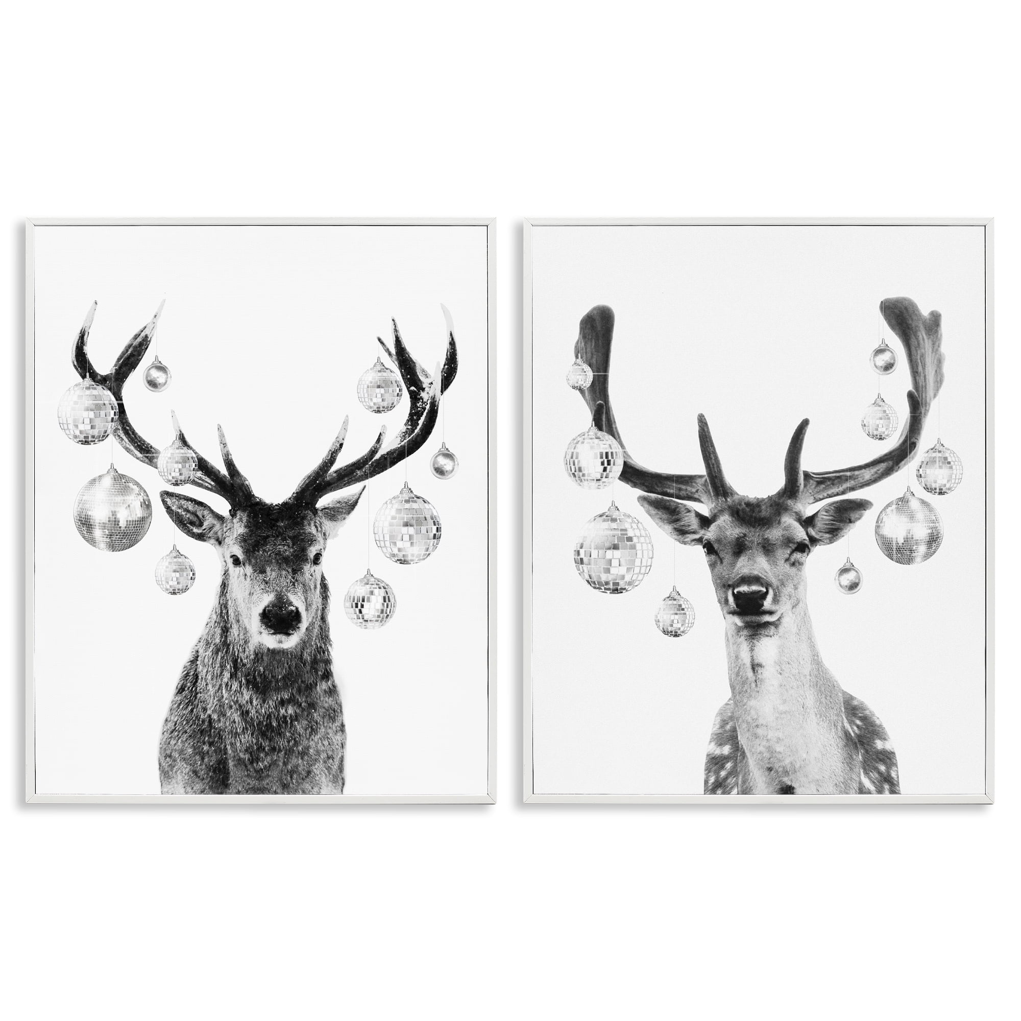 Stupell Industries Black and White Disco Deer Holiday Painting White Framed Art Print Wall Art, 24 x 30, Set of 2