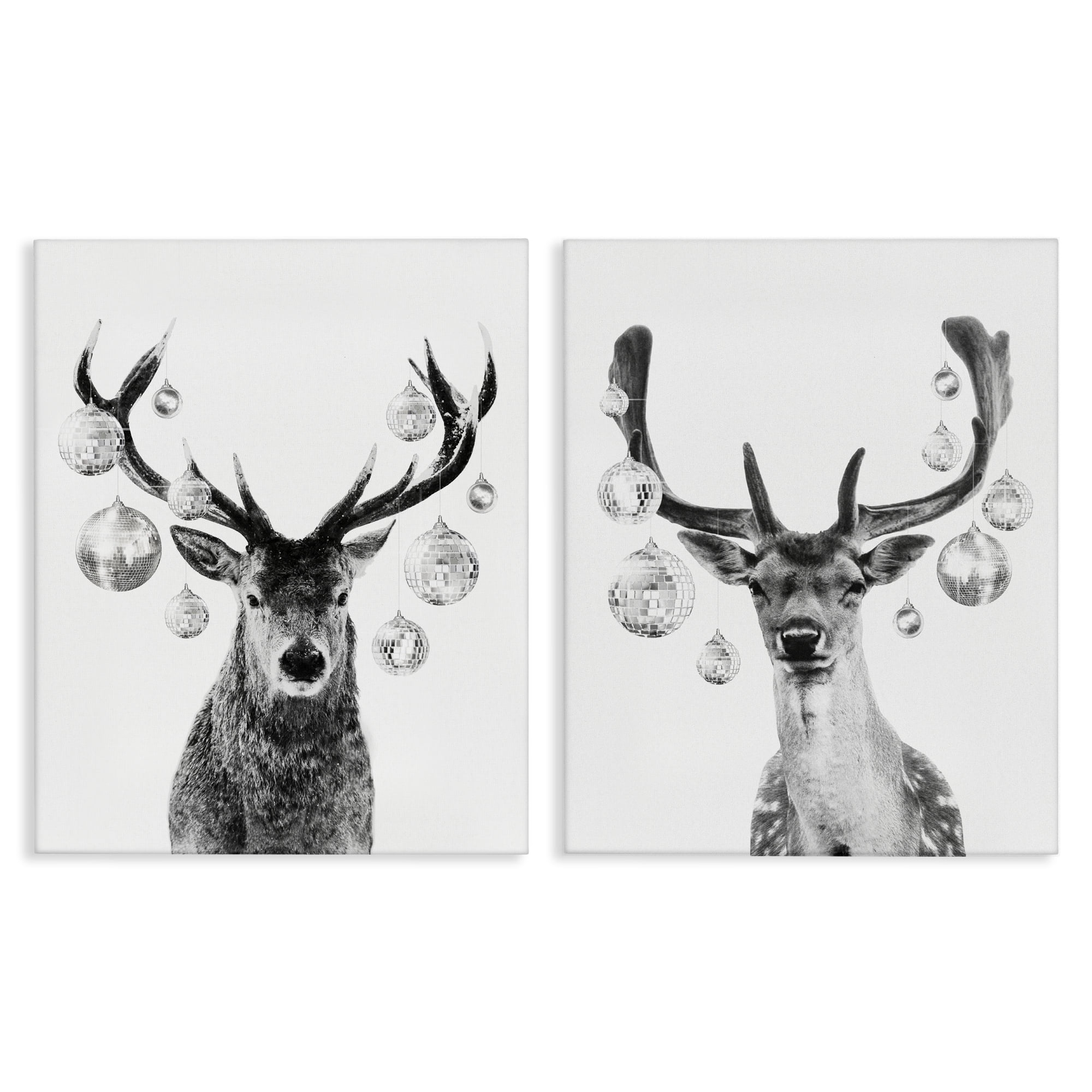 Stupell Industries Black and White Disco Deer Holiday Painting Wrapped Canvas Art Print Wall Art, 16 x 20, Set of 2