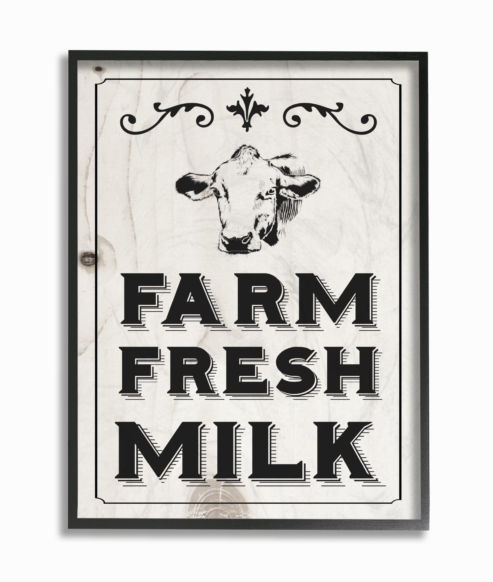 Stupell Industries Black and White Farm Fresh Country Milk Cow Novelty Painting Black Framed Art Print Wall Art, 16 x 20