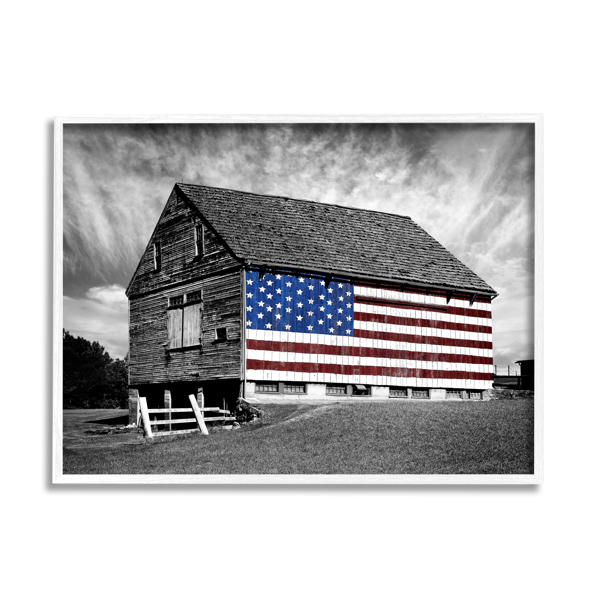 Stupell Industries Black and White Farmhouse Barn American Flag Photography White Framed Art Print Wall Art, 16x20, by James McLoughlin