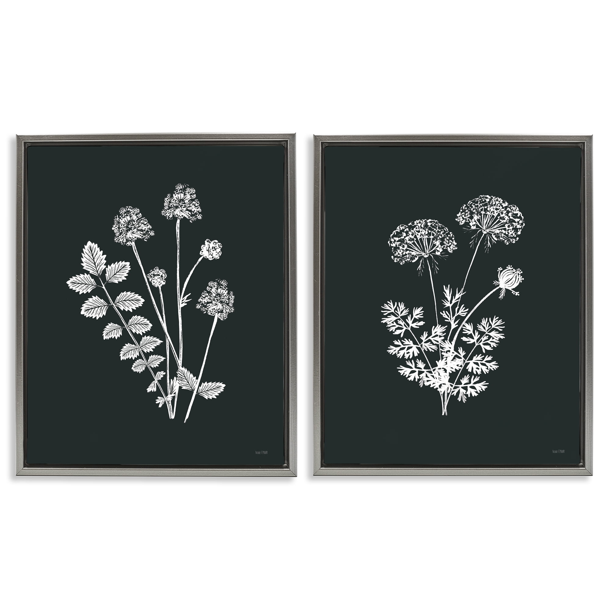 Stupell Industries Black and White Flower Cluster Plants & Flowers Painting Gray Floater Framed Canvas Art Print Wall Art, 31 x 25, Set of 2