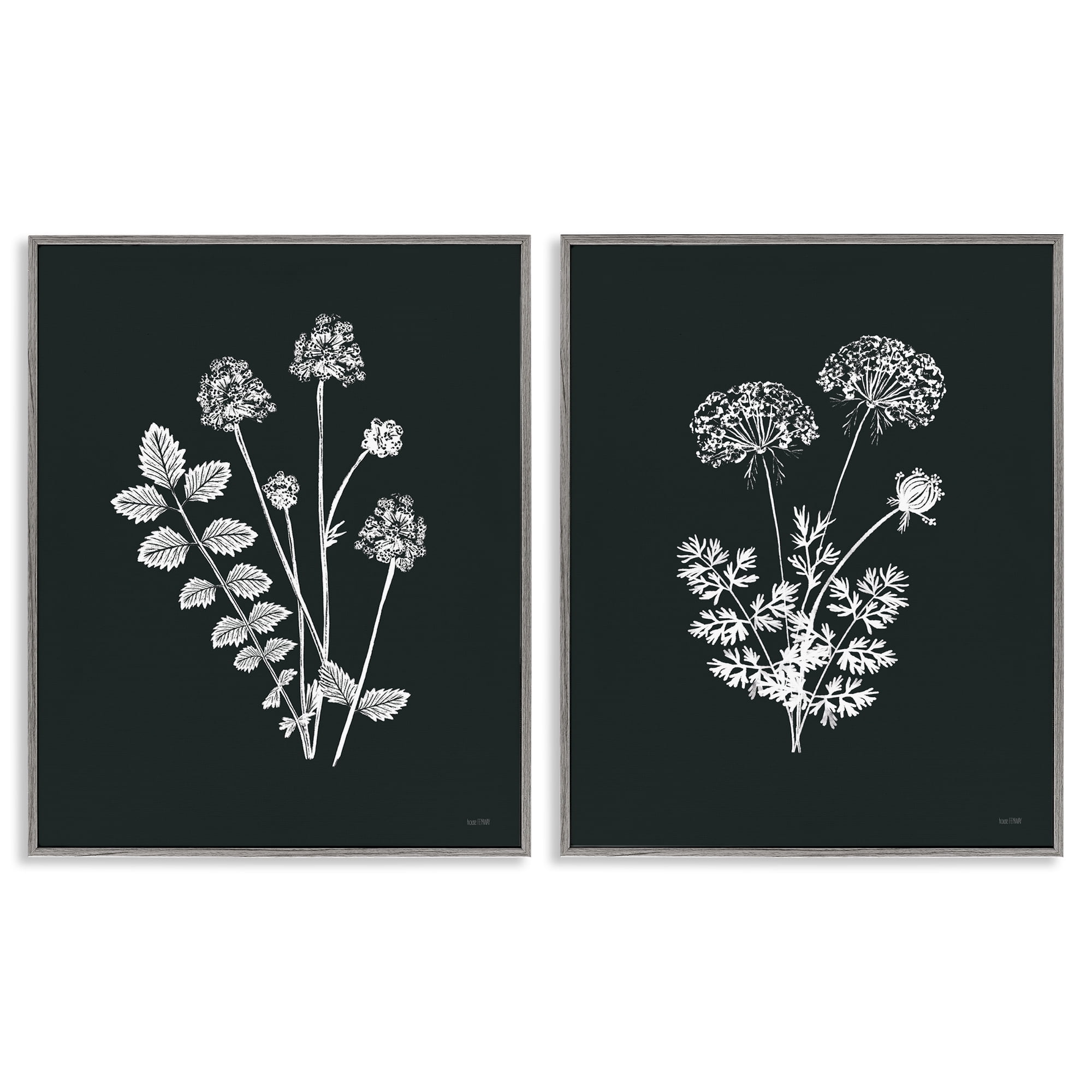 Stupell Industries Black and White Flower Cluster Plants & Flowers Painting Gray Framed Art Print Wall Art, 16 x 20, Set of 2