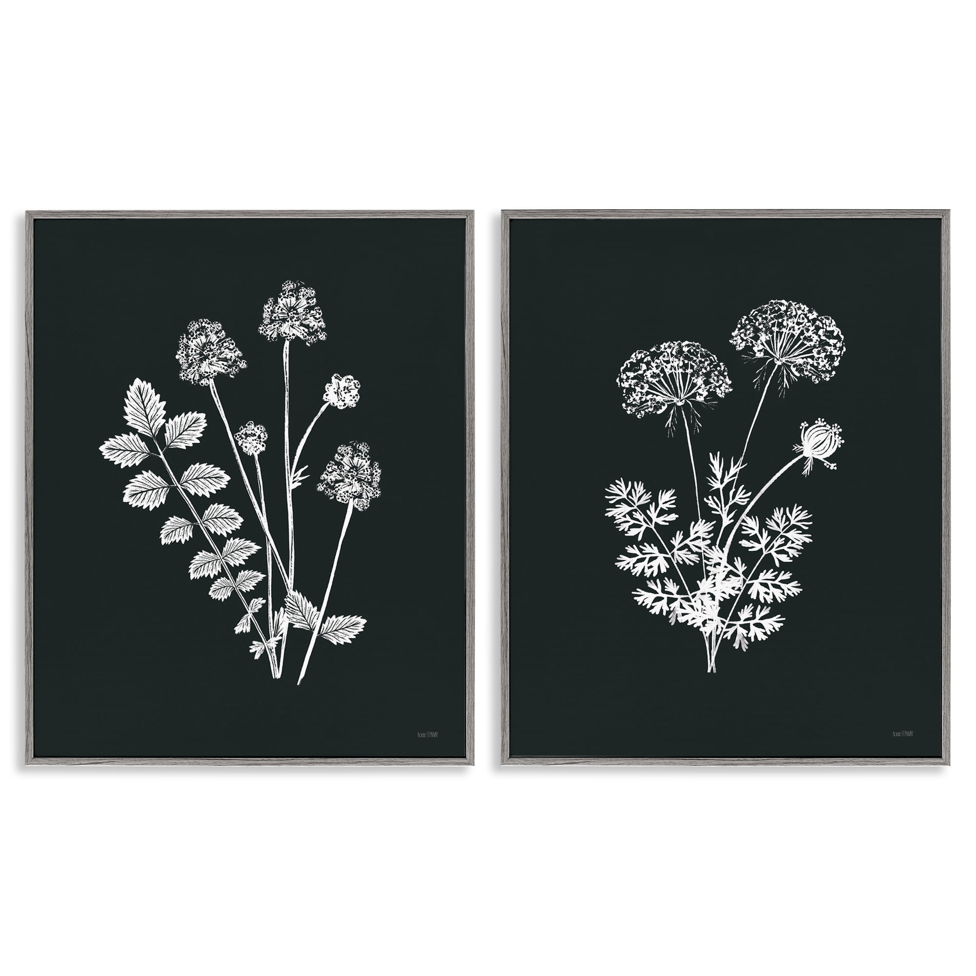 Stupell Industries Black and White Flower Cluster Plants & Flowers Painting Gray Framed Art Print Wall Art, 24 x 30, Set of 2