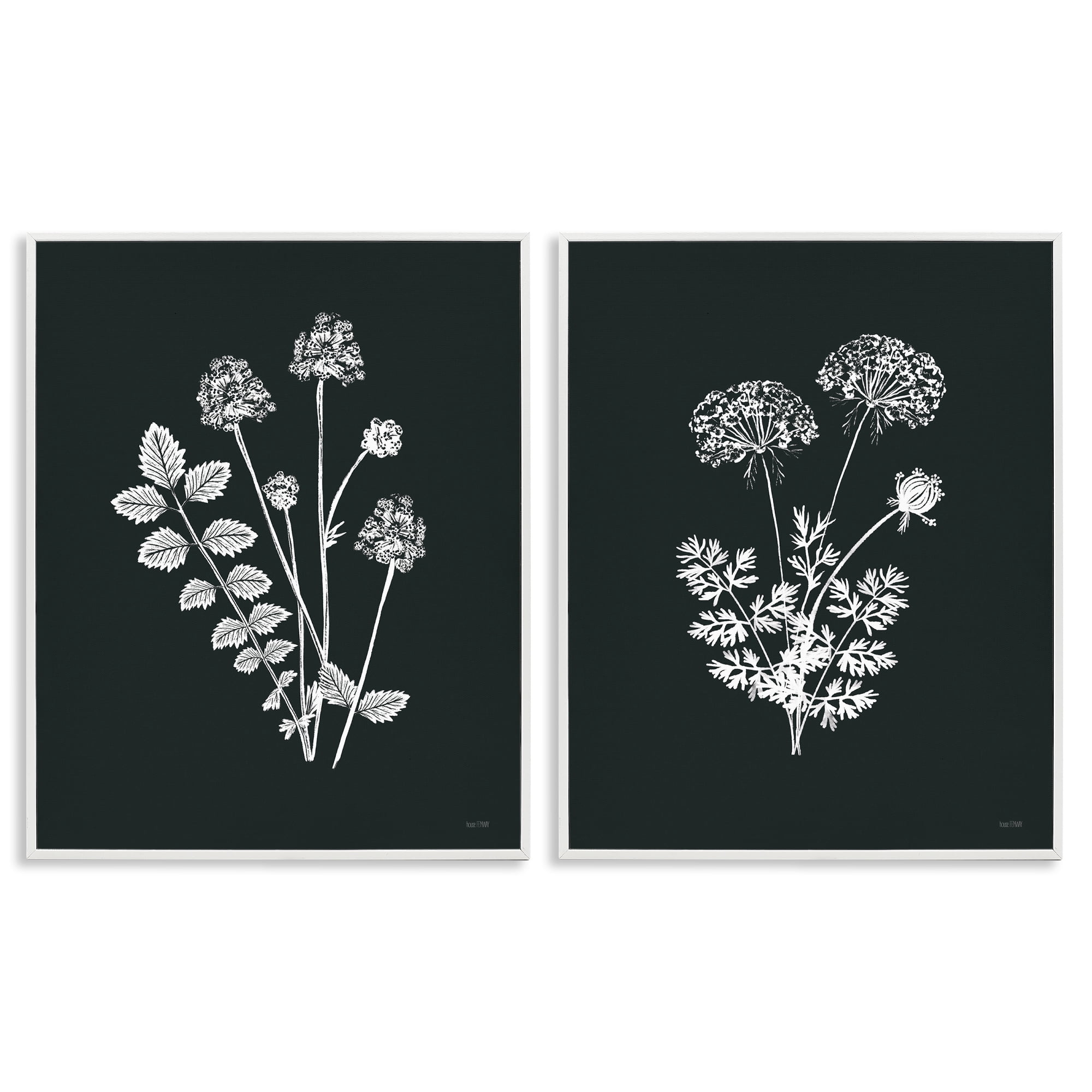 Stupell Industries Black and White Flower Cluster Plants & Flowers Painting White Framed Art Print Wall Art, 11 x 14, Set of 2