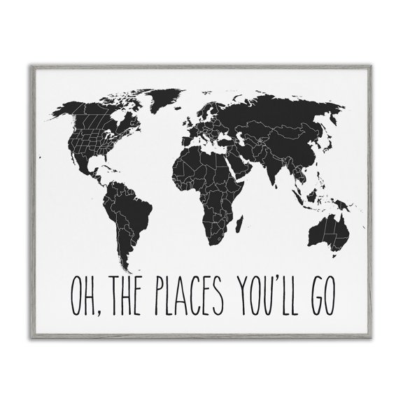 Stupell Industries Black and White Map Oh The Places You'll Go Typography Graphic Art Gray Framed Art Print Wall Art, 11x14, by Lettered and Lined