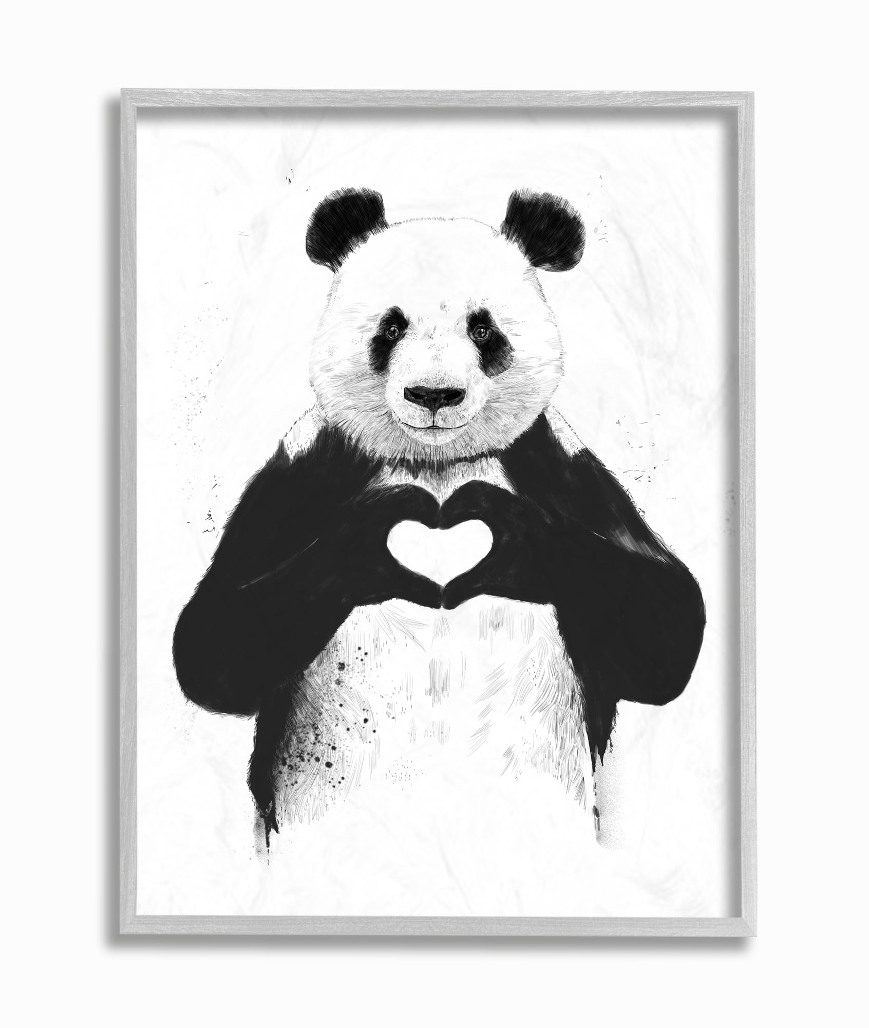 Stupell Industries Black and White Panda Bear Making a Heart Ink Illustration Framed Wall Art by Balazs Solti