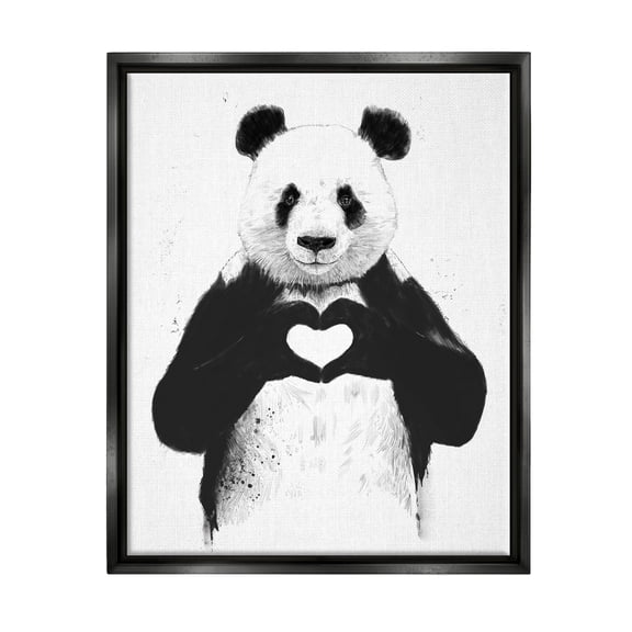 Stupell Industries Black and White Panda Bear Making a Heart Ink Illustration Jet Black Framed Floating Canvas Wall Art, 16x20, by Balazs Solti