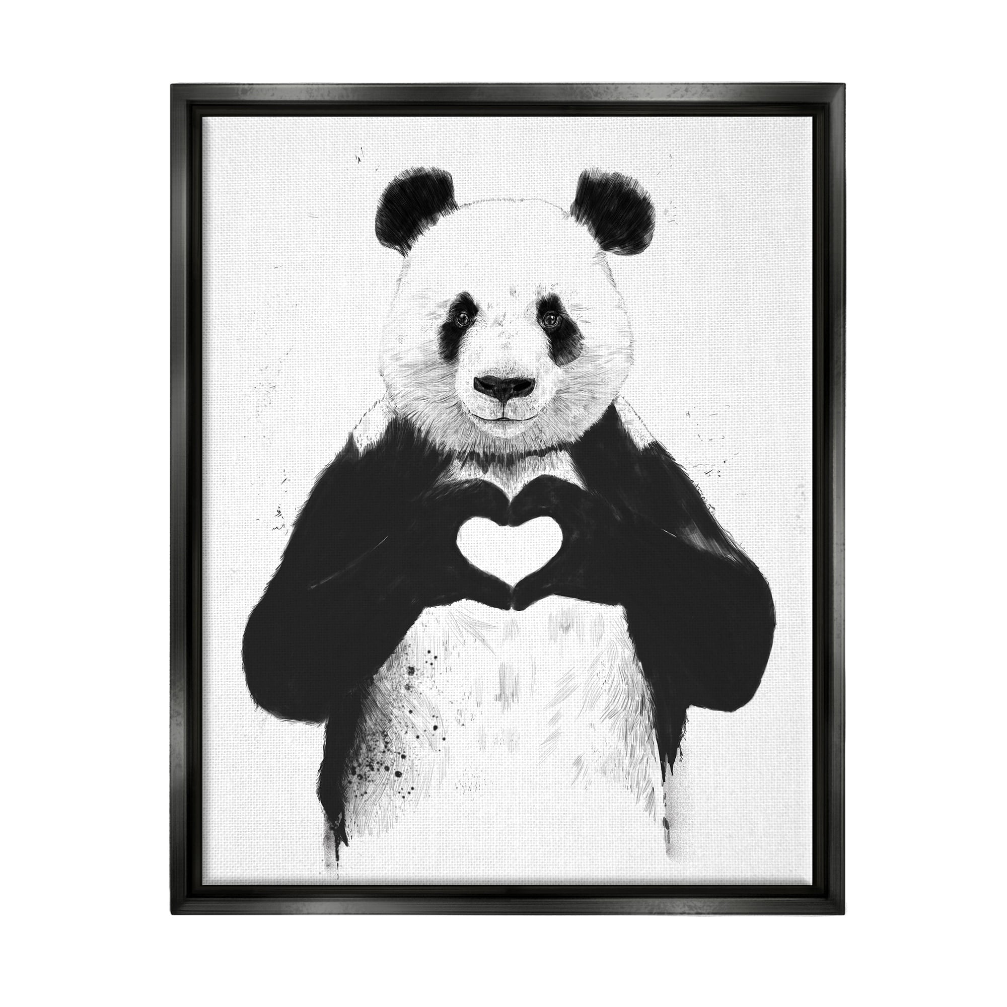 Stupell Industries Black and White Panda Bear Making a Heart Ink Illustration Jet Black Framed Floating Canvas Wall Art, 24x30, by Balazs Solti