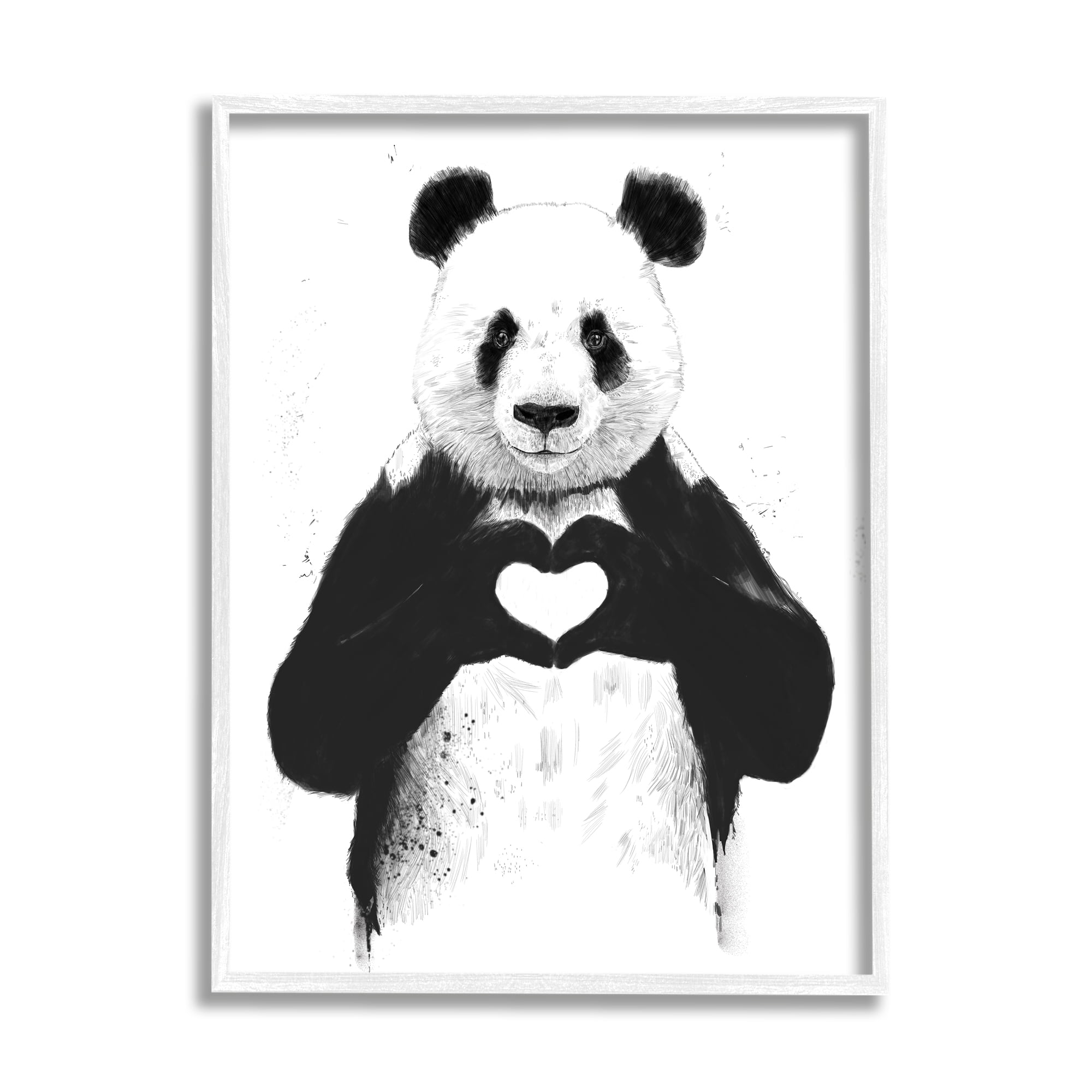 Stupell Industries Black and White Panda Bear Making a Heart Ink Illustration Painting Framed Art Print Wall Art, 11x14, By Balazs Solti