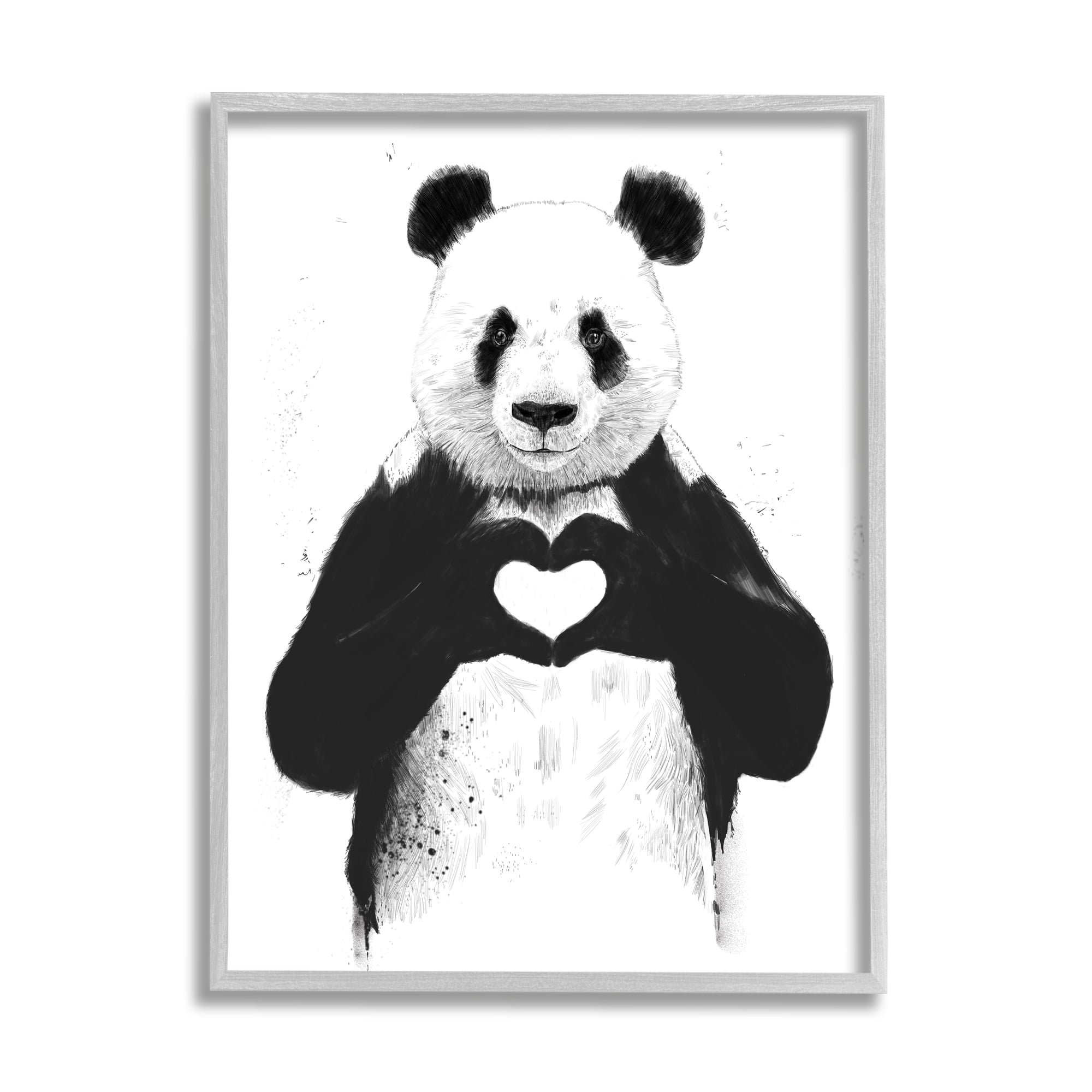 Stupell Industries Black and White Panda Bear Making a Heart Ink Illustration Painting Framed Art Print Wall Art, 24x30, By Balazs Solti