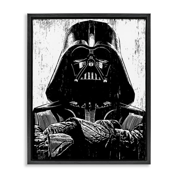 Stupell Industries Black and White Star Wars Darth Vader Distressed Wood Etching Jet Black Framed Floating Canvas Wall Art, 16x20, by Neil Shigley