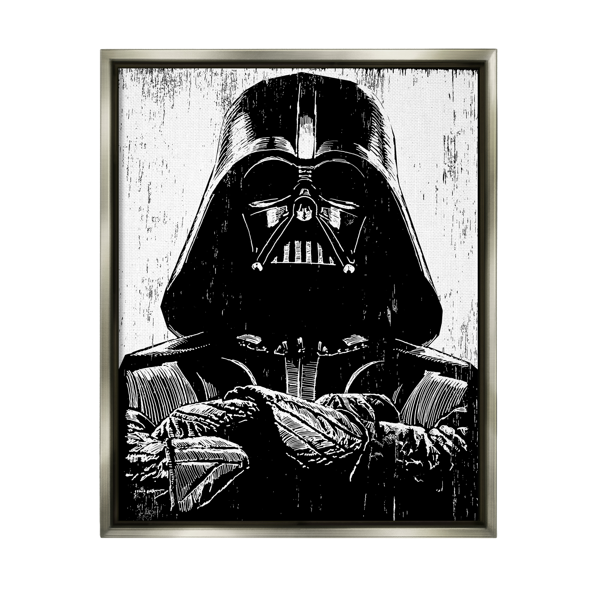 Stupell Industries Black and White Star Wars Darth Vader Distressed Wood Etching Luster Gray Framed Floating Canvas Wall Art, 16x20, by Neil Shigley