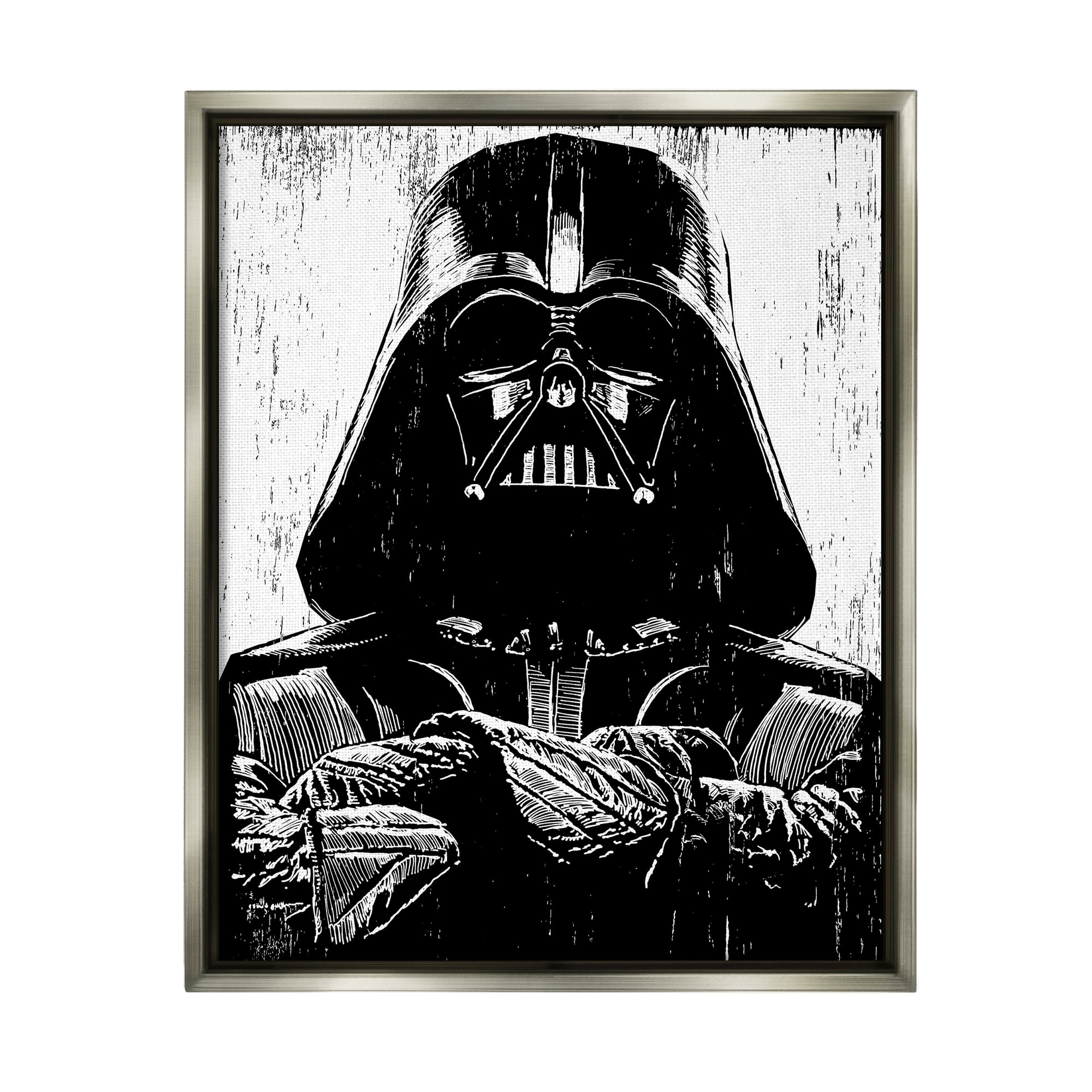 Stupell Industries Black and White Star Wars Darth Vader Distressed Wood Etching Luster Gray Framed Floating Canvas Wall Art, 24x30, by Neil Shigley