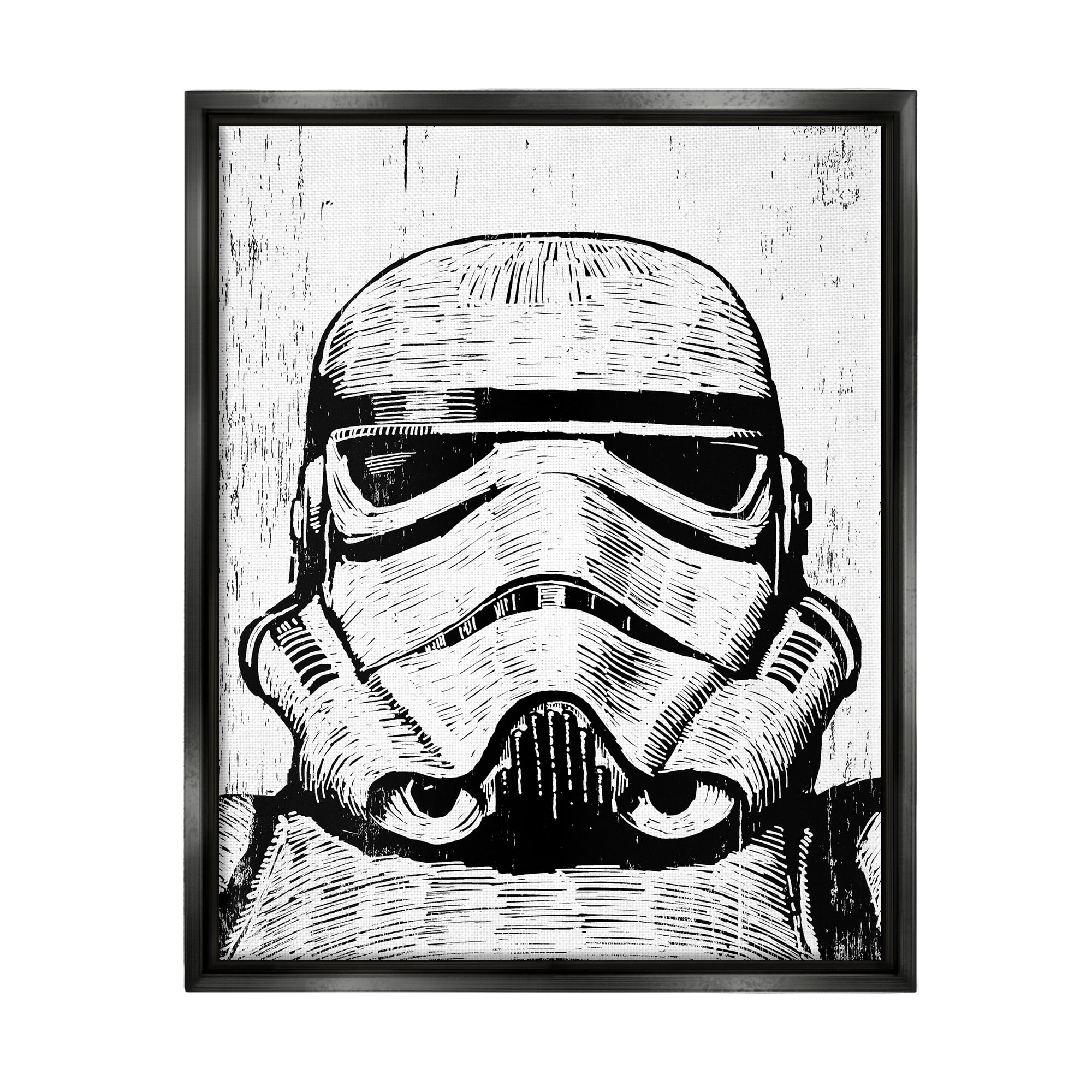 Stupell Industries Black and White Star Wars Stormtrooper Distressed Wood Etching Jet Black Framed Floating Canvas Wall Art, 16x20, by Neil Shigley