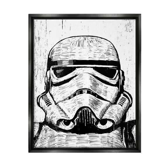 Stupell Industries Black and White Star Wars Stormtrooper Distressed Wood Etching Jet Black Framed Floating Canvas Wall Art, 16x20, by Neil Shigley