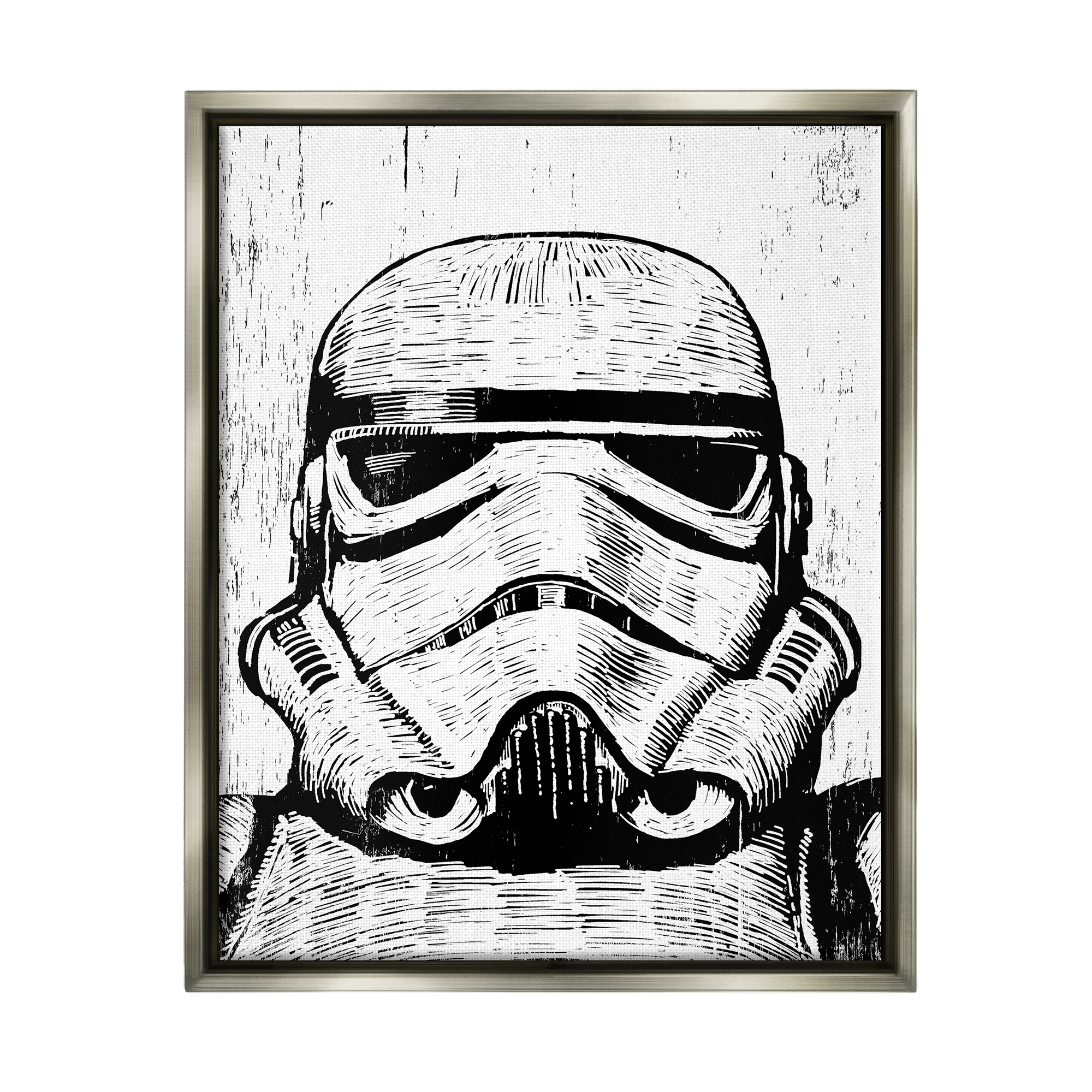 Stupell Industries Black and White Star Wars Stormtrooper Distressed Wood Etching Luster Gray Framed Floating Canvas Wall Art, 16x20, by Neil Shigley