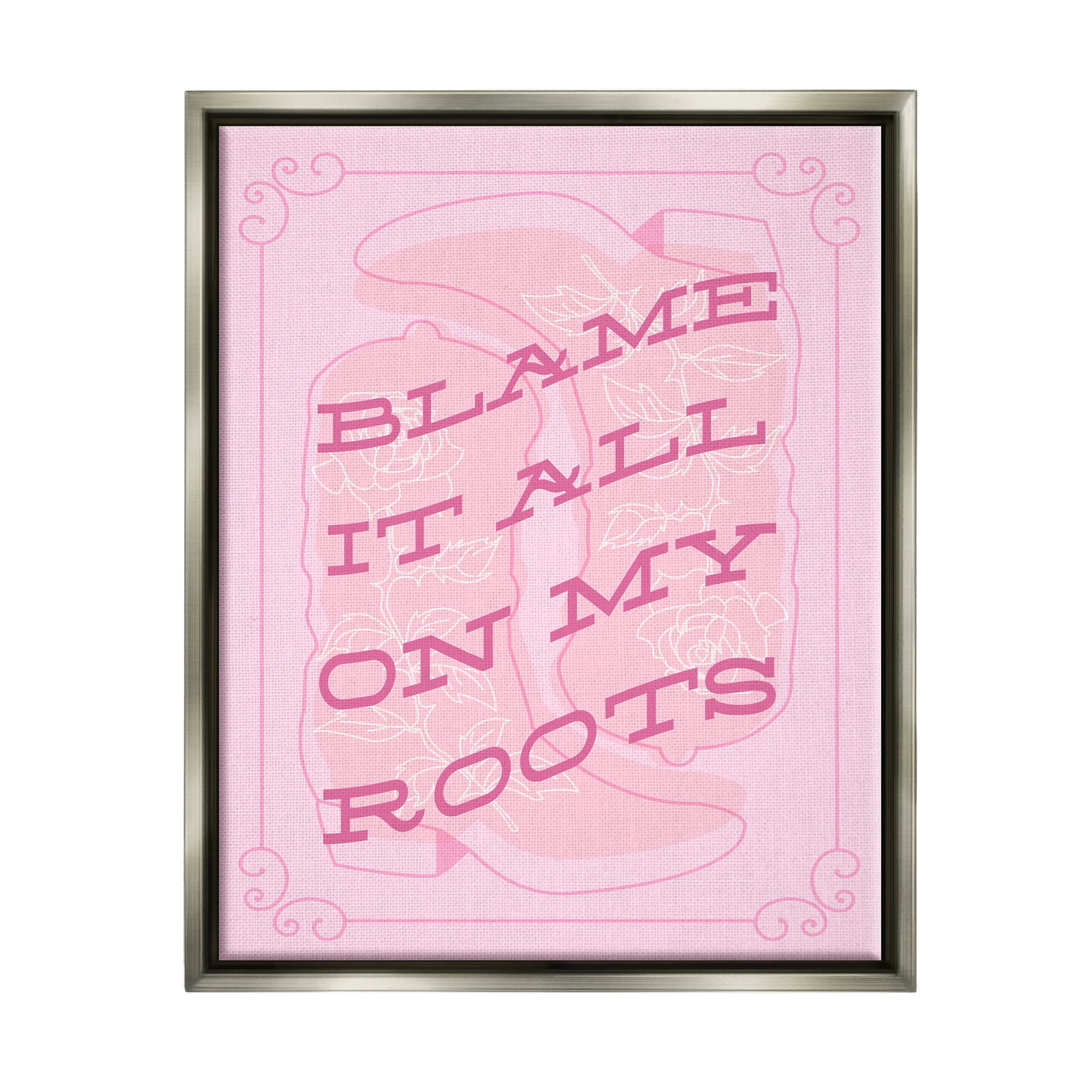 Stupell Industries Blame on My Roots Phrase Typography Painting Gray Floater Framed Canvas Art Print Wall Art, 25 x 31