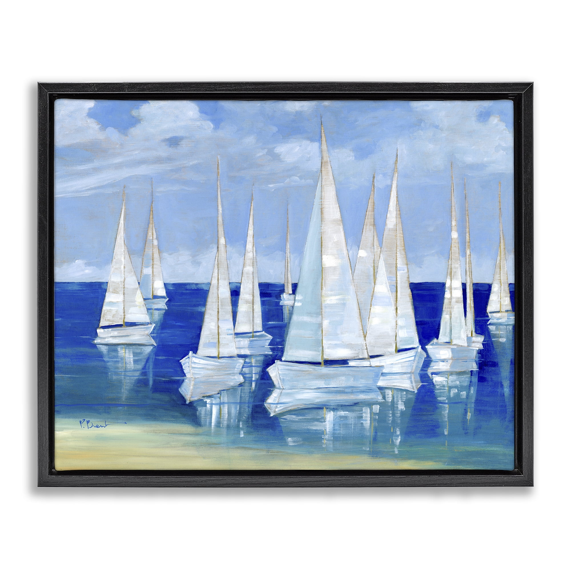Stupell Industries Blanco Beach Sailboats Black Framed Floater Canvas Wall Art, design by Paul Brent