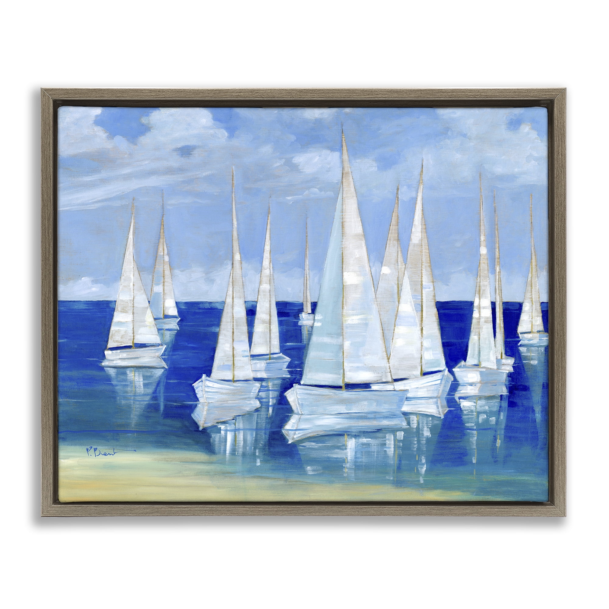 Stupell Industries Blanco Beach Sailboats Brown Framed Floater Canvas Wall Art, design by Paul Brent