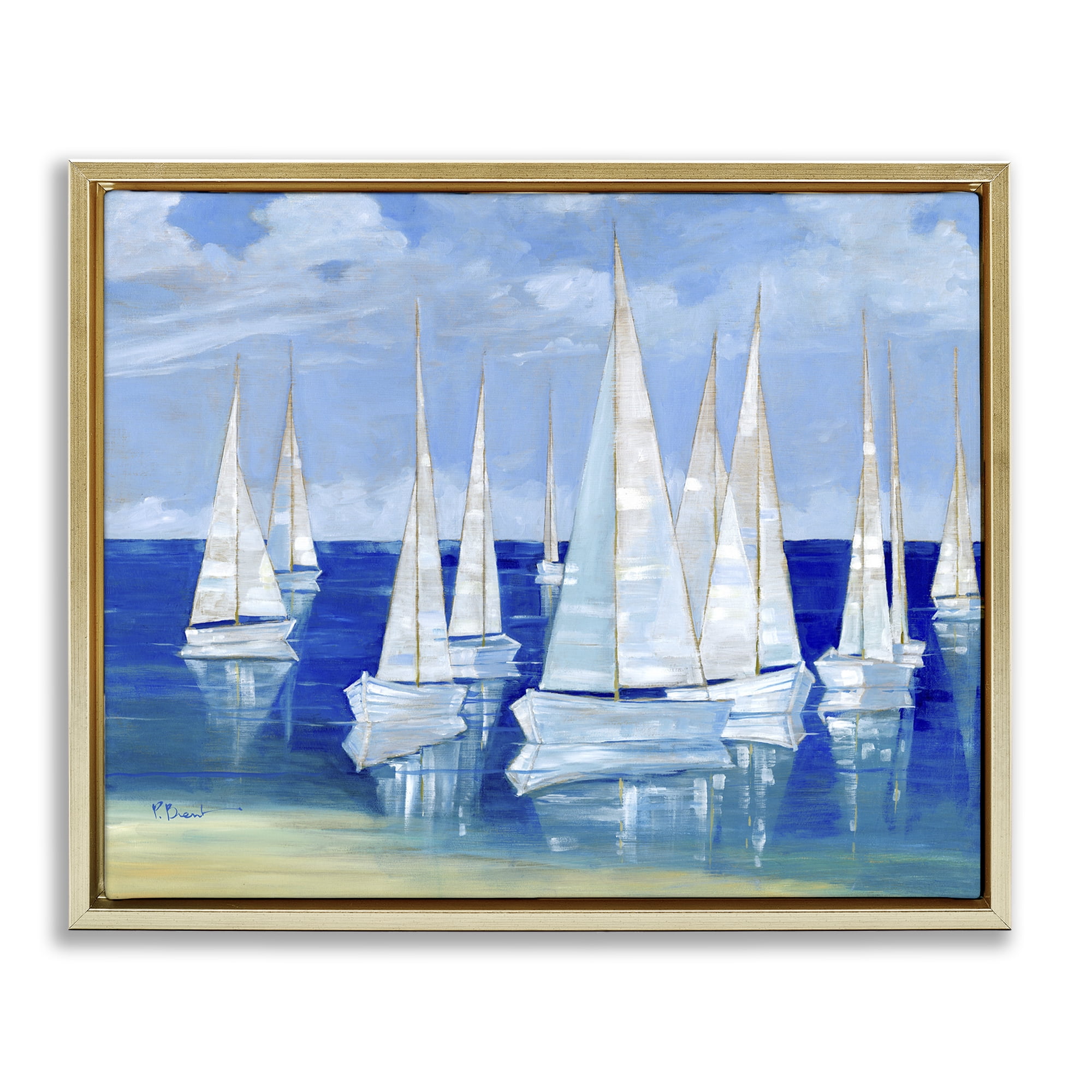Stupell Industries Blanco Beach Sailboats Gold Framed Floater Canvas Wall Art, design by Paul Brent