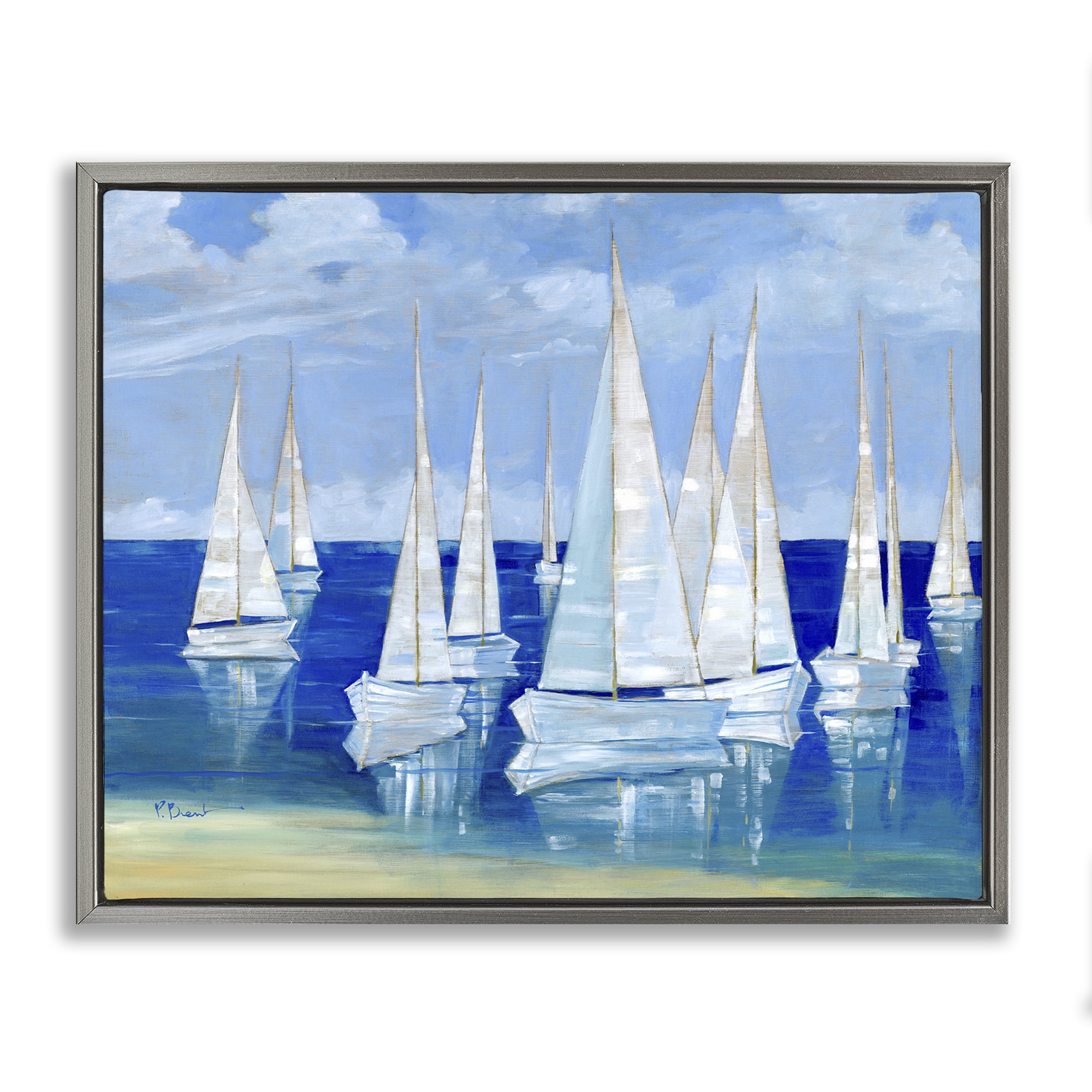 Stupell Industries Blanco Beach Sailboats Gray Framed Floater Canvas Wall Art, design by Paul Brent