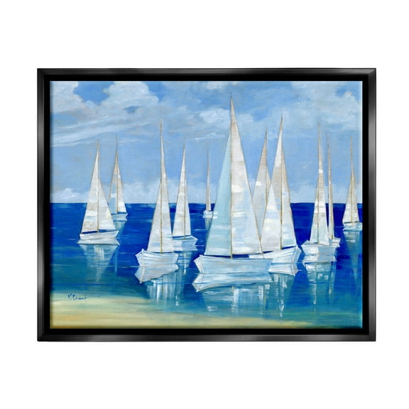 Stupell Industries Blanco Beach Sailboats Reflecting Coast Painting Jet Black Floating Framed Canvas Print Wall Art, Design by Paul Brent