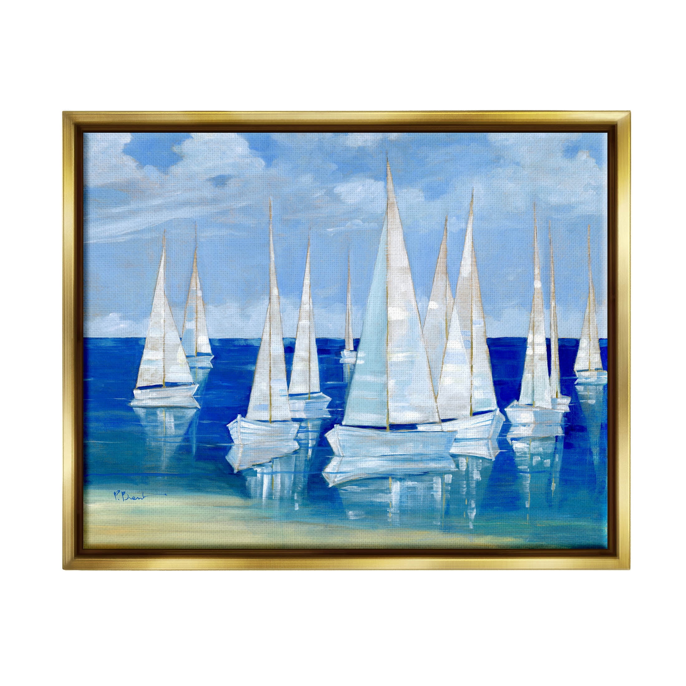 Stupell Industries Blanco Beach Sailboats Reflecting Coast Painting Metallic Gold Floating Framed Canvas Print Wall Art, Design by Paul Brent